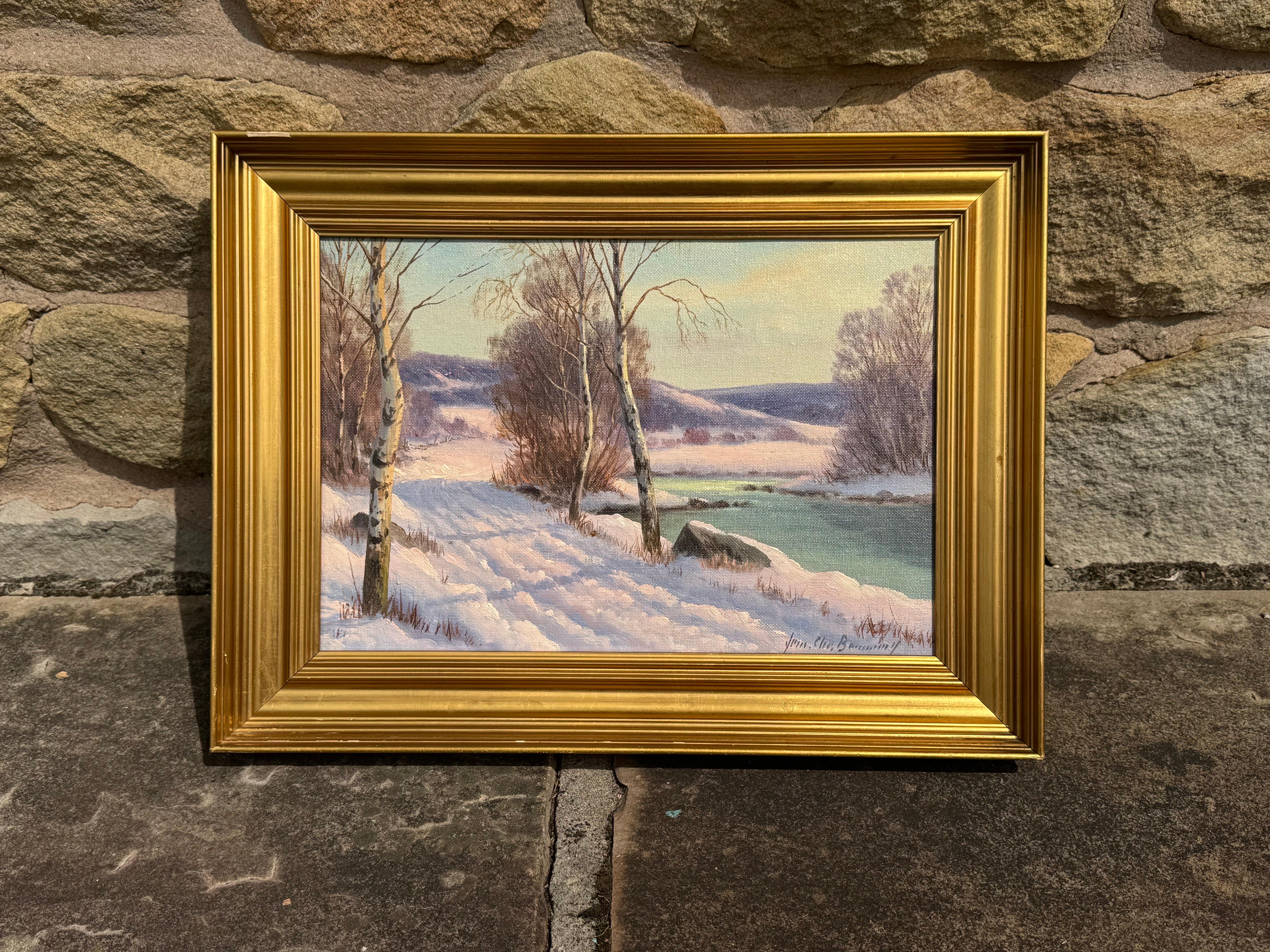 Winterliche Flusslandschaft in Skandinavien mit Silberbirken von einem dänischen Künstler (Realismus), Painting, von Jens Christian Bennedsen