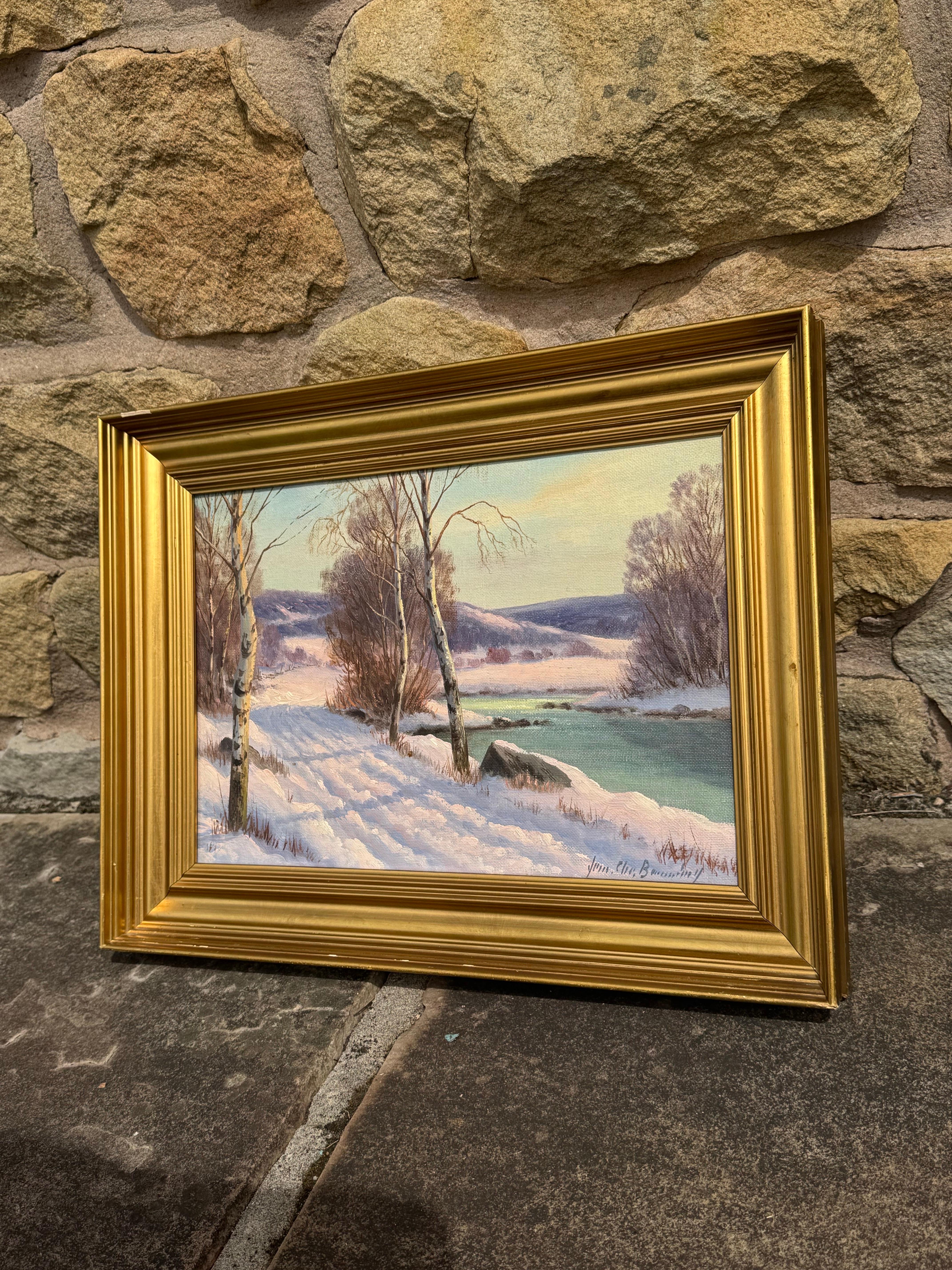 Winterliche Flusslandschaft in Skandinavien mit Silberbirken von einem dänischen Künstler (Braun), Landscape Painting, von Jens Christian Bennedsen