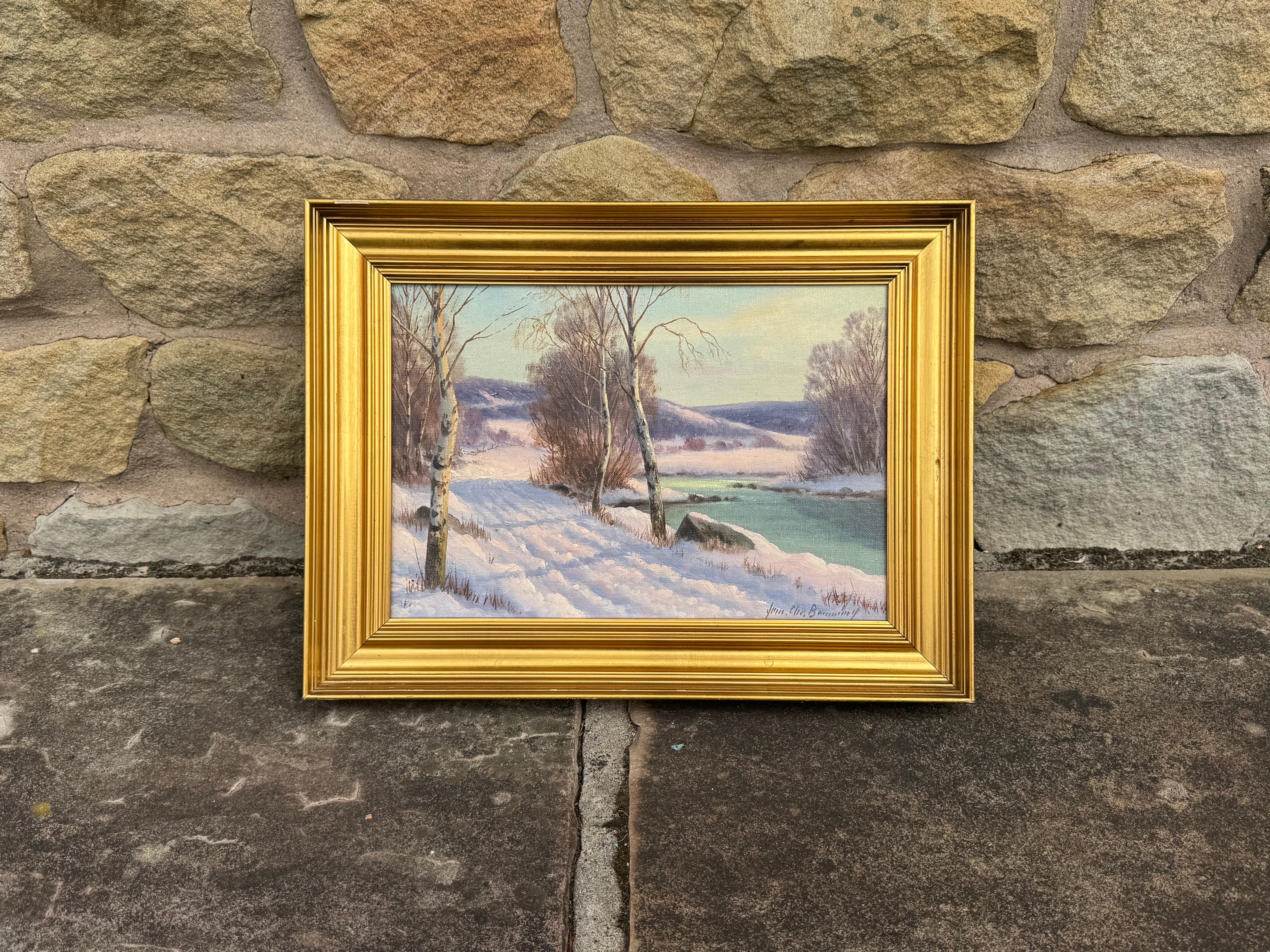Winterliche Flusslandschaft in Skandinavien mit Silberbirken von einem dänischen Künstler im Angebot 4