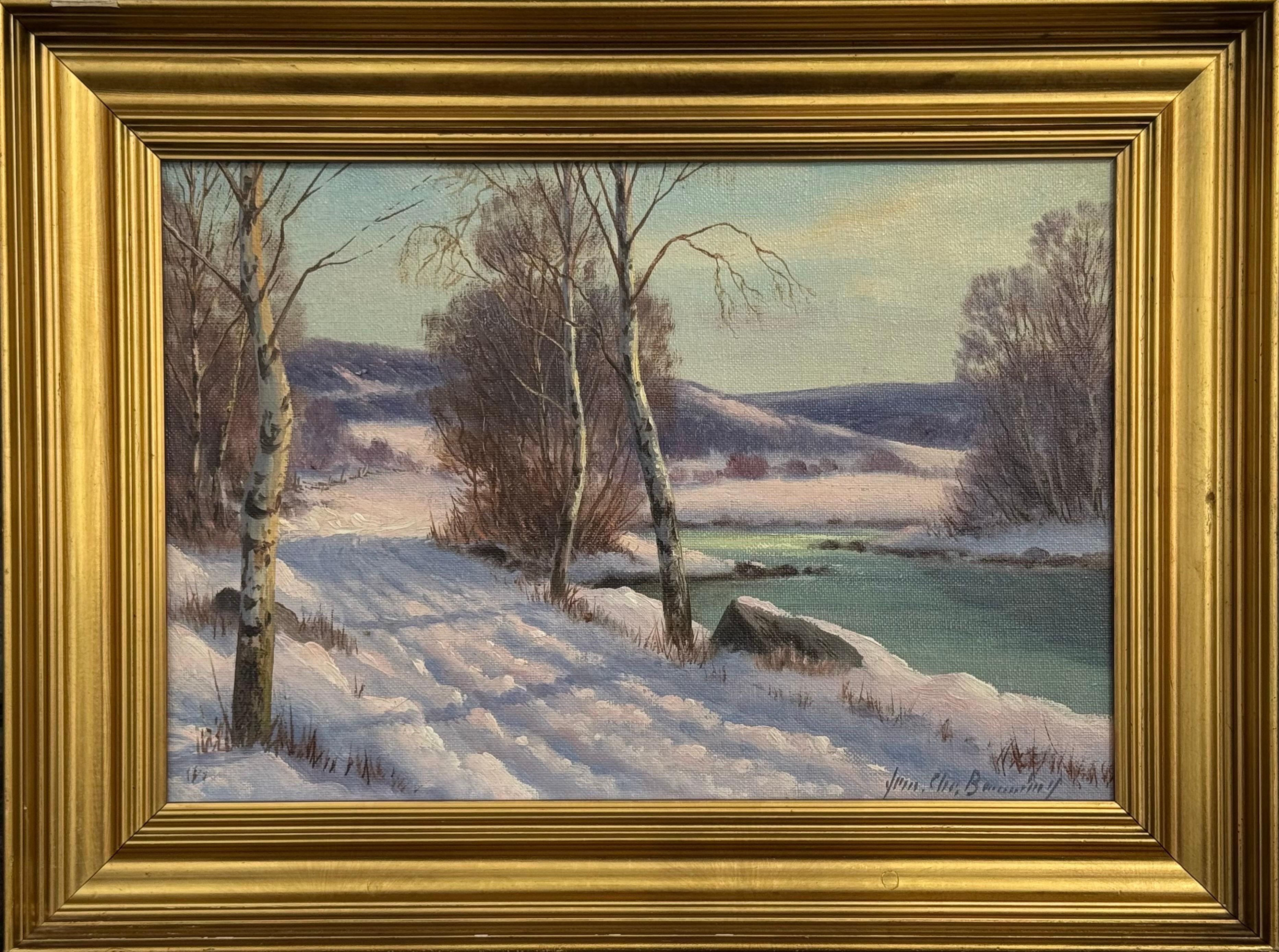 Jens Christian Bennedsen Landscape Painting – Winterliche Flusslandschaft in Skandinavien mit Silberbirken von einem dänischen Künstler