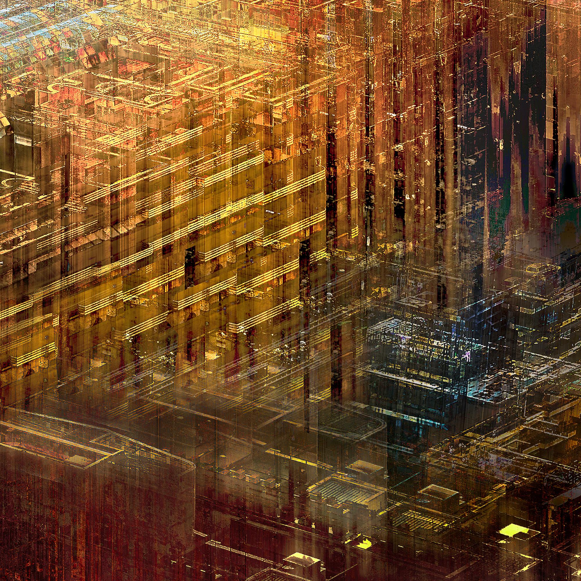 Abstraktes digitales Gemälde „Gold und Diamantglitter“ mit Architektur (Braun), Abstract Painting, von Jens-Christian Wittig