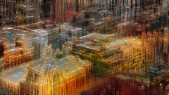 Pittura digitale astratta 'Oro e diamanti glitterati' con architettura