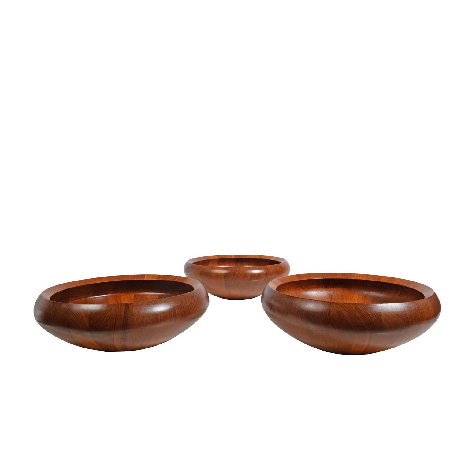 Three solid teak bowls made in butcher block technique, designed by Jens H. Quistgaard for 