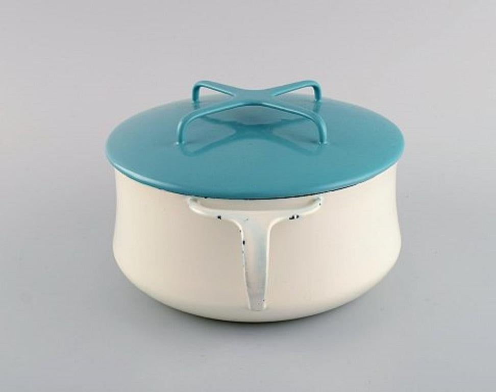 Scandinavian Modern Jens H. Quistgaard Pot with Lid in Turquoise and Cream Colored Enamel For Sale