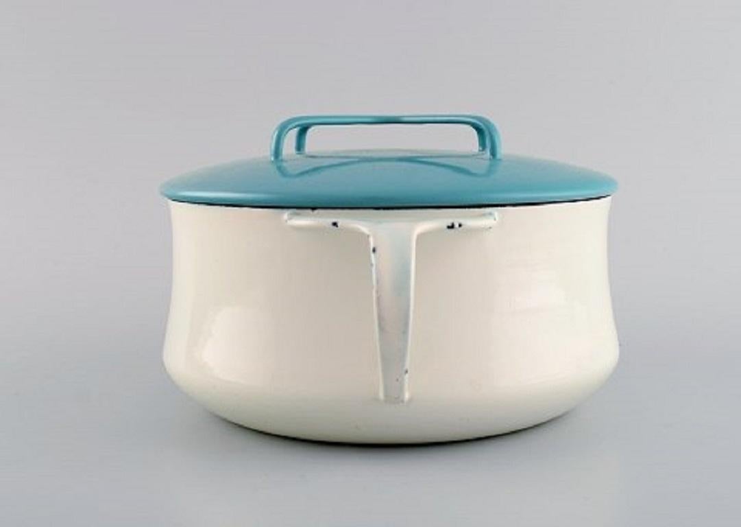 Danish Jens H. Quistgaard Pot with Lid in Turquoise and Cream Colored Enamel For Sale