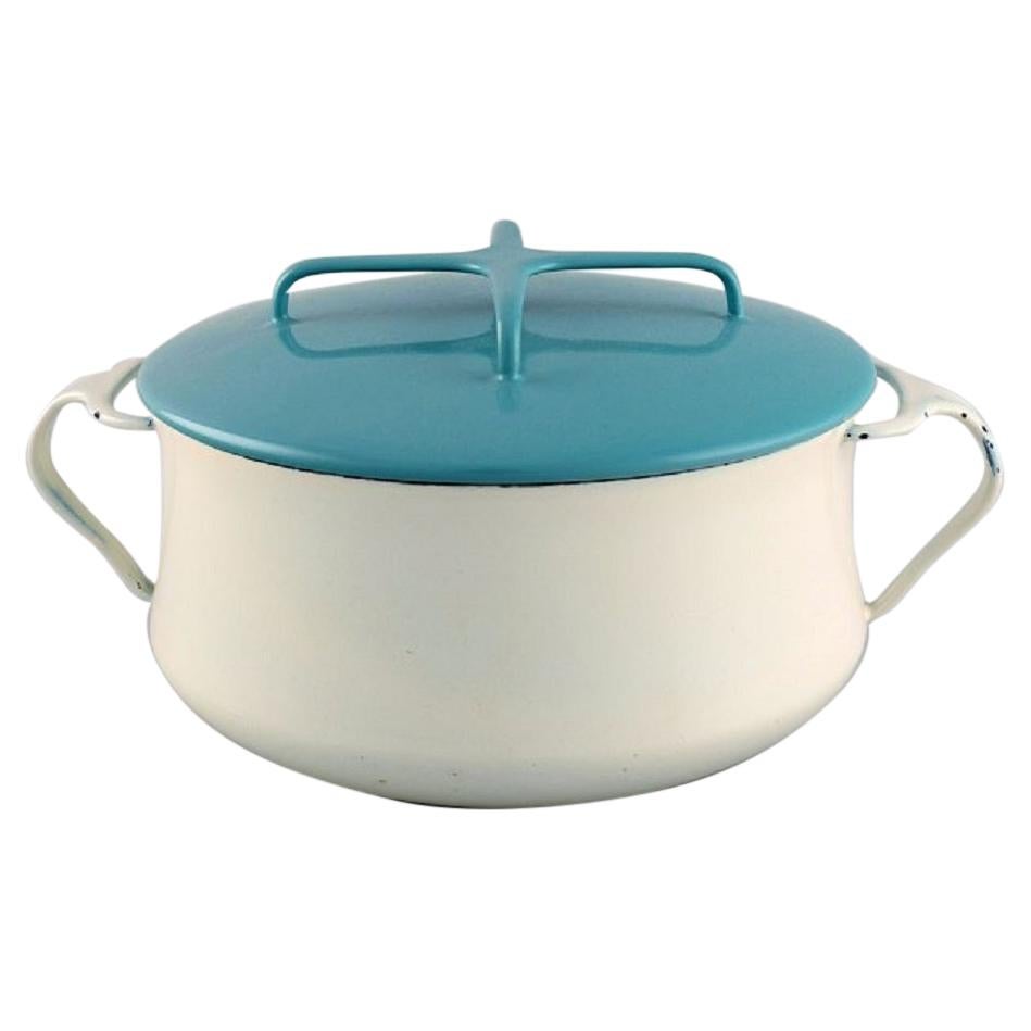 Jens H. Quistgaard Pot with Lid in Turquoise and Cream Colored Enamel For Sale