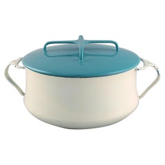 Pot Jens H. Quistgaard avec couvercle en émail de couleur turquoise et crème