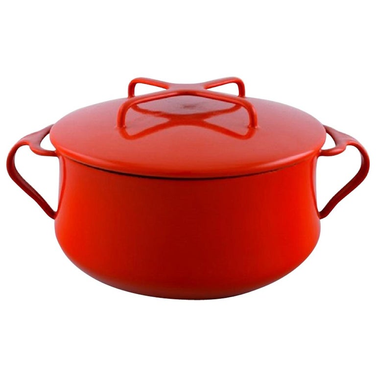 Jens H. Quistgaard Red Enamel Pot with Lid and White Inside, 1960s at
