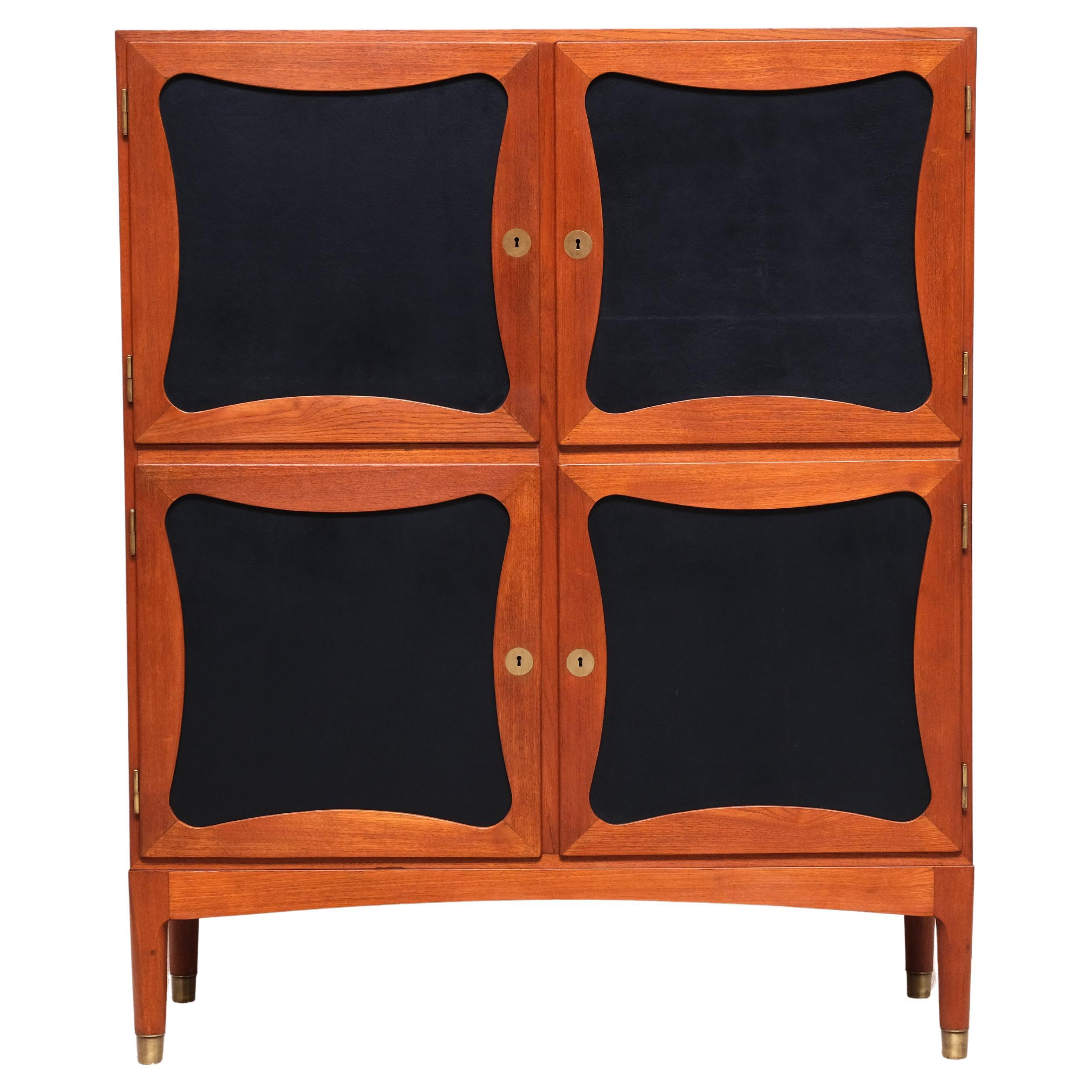 Jens Ingvard Jensen 'Trèfle' Cabinet in Teak, Leather and Brass, Denmark, 1940s For Sale