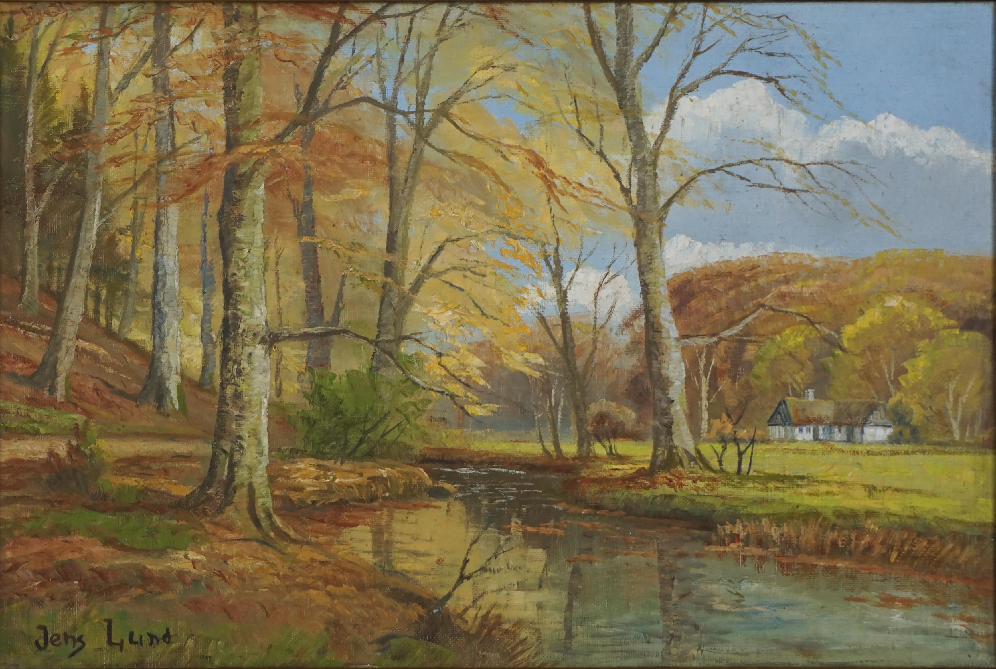 Early 20th Century  River Birches in Autumn Danish Landscape - Painting by Jens Lund