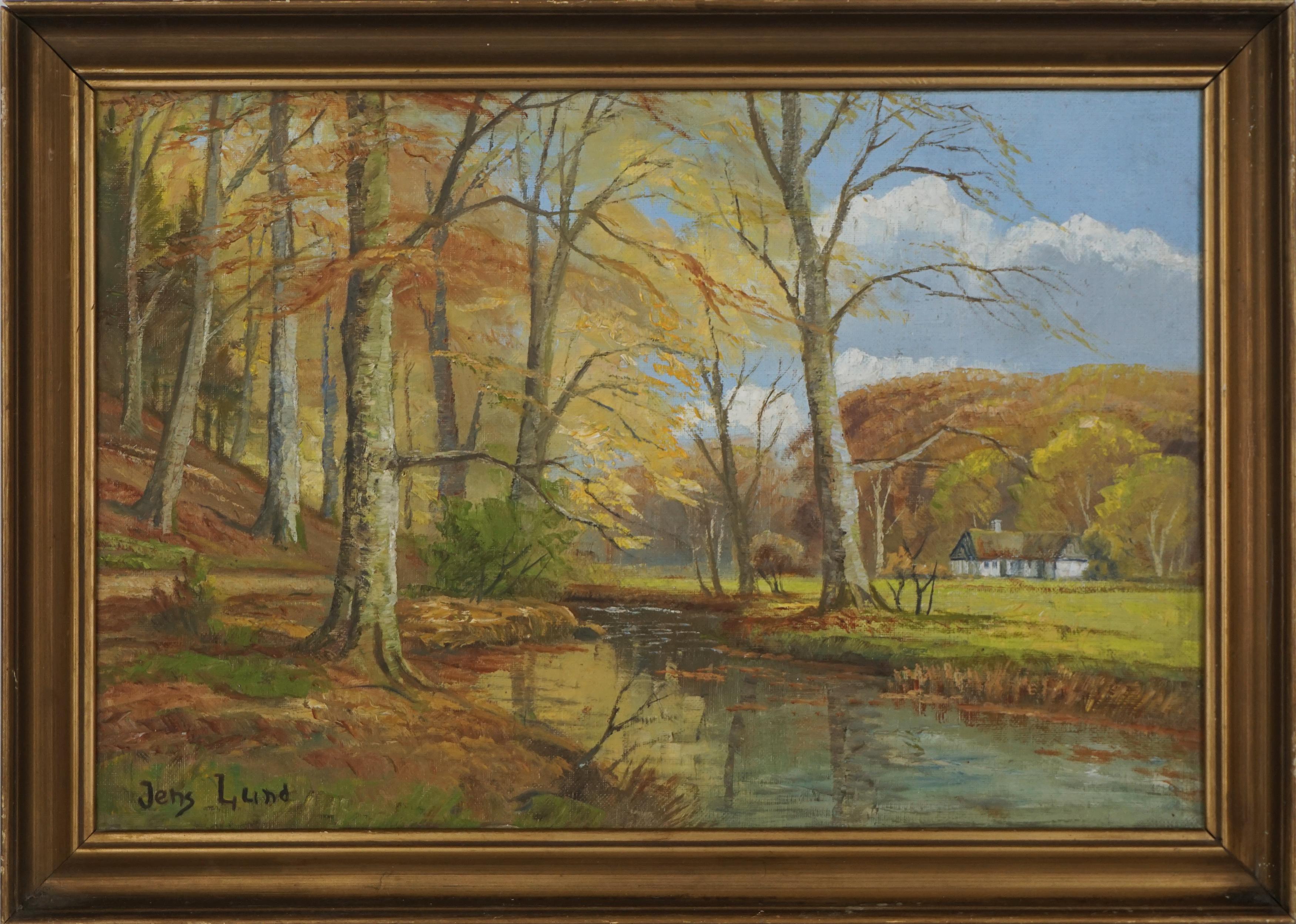 Jens Lund Landscape Painting - Early 20th Century  River Birches in Autumn Danish Landscape