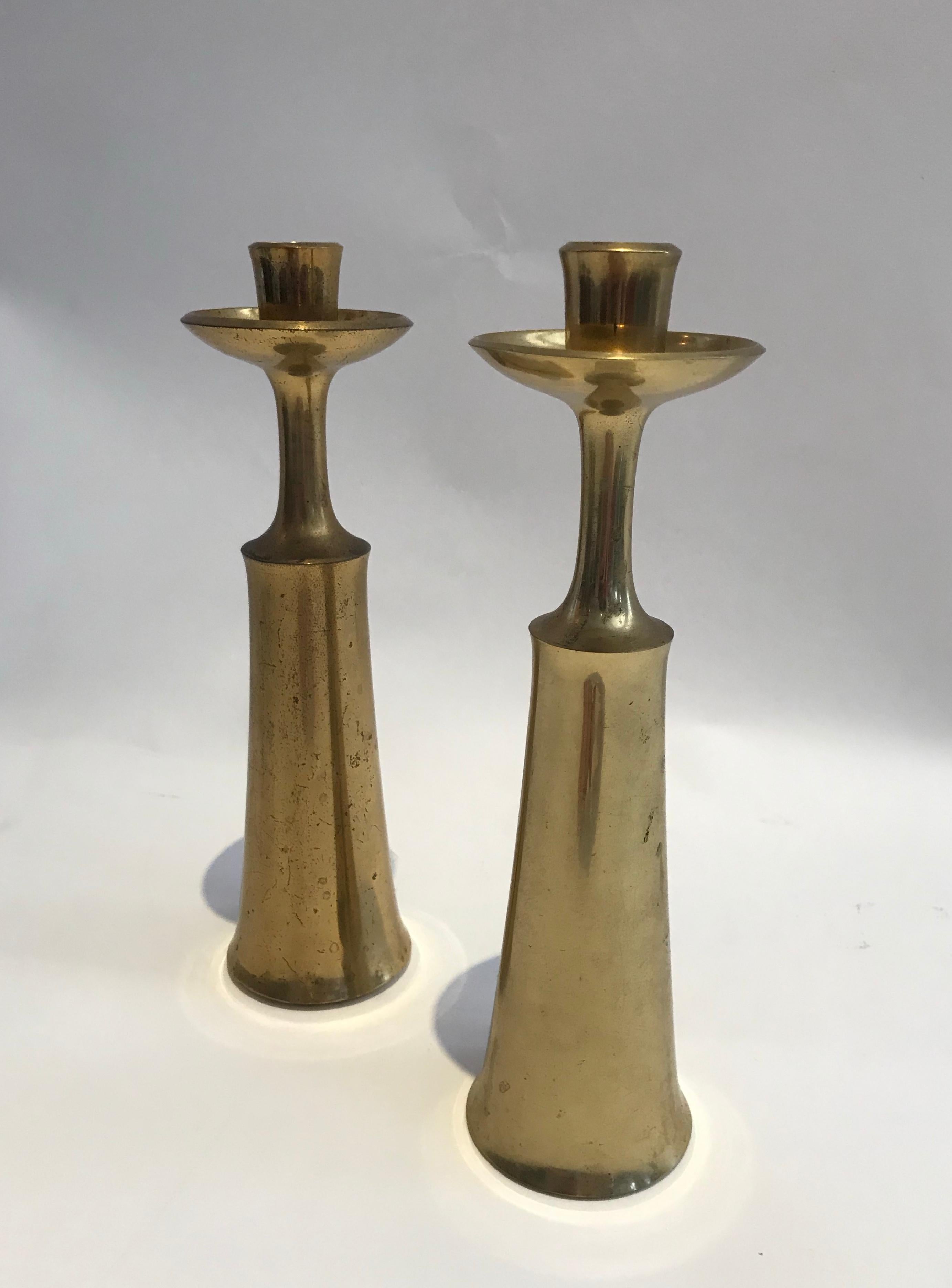 Jens Quistgaard brass candlesticks for Dansk. In good original condition with normal wear.