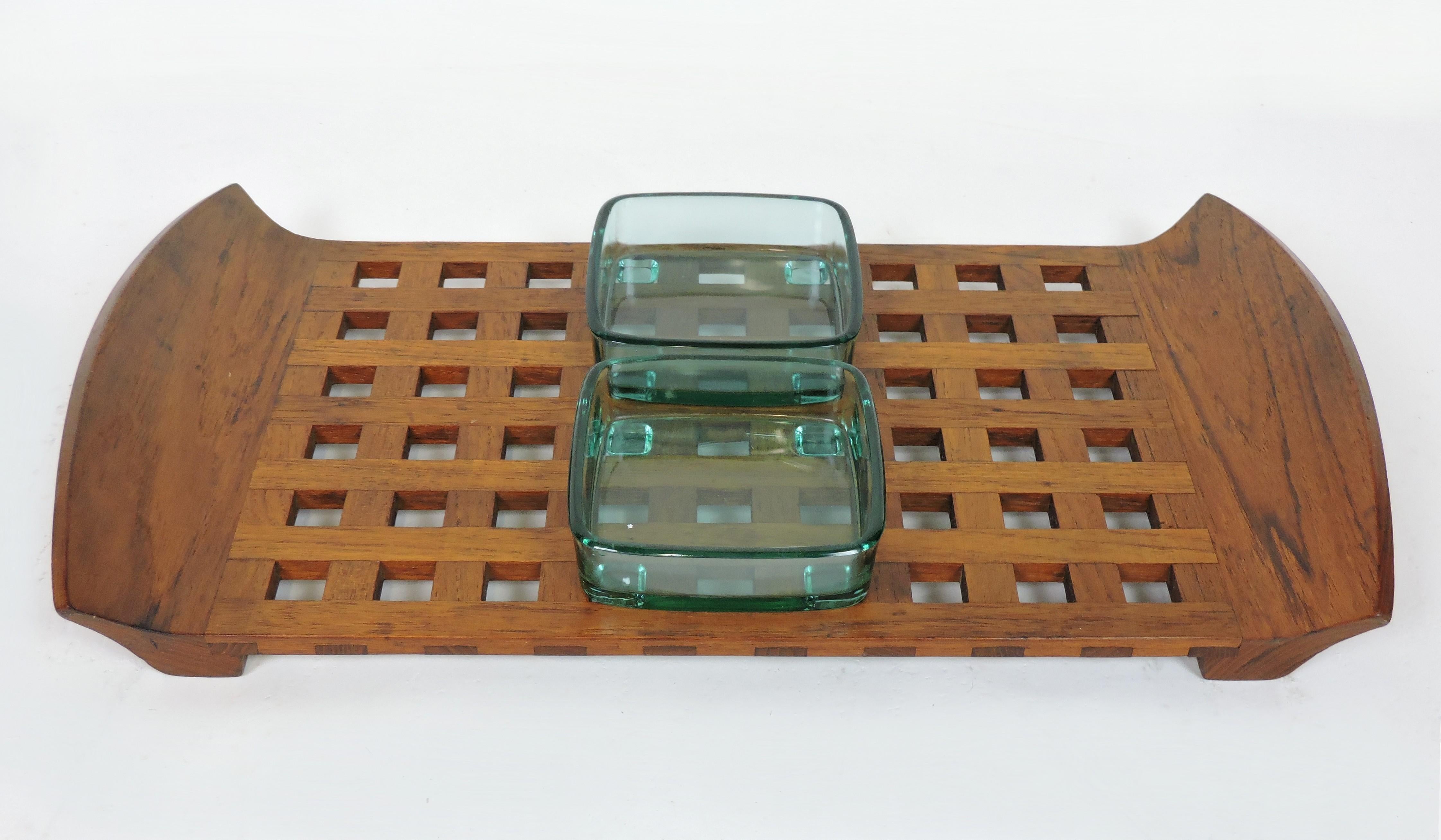 Jens Quistgaard Danish Modern Teak Lattice Tray with Glass Inserts 3