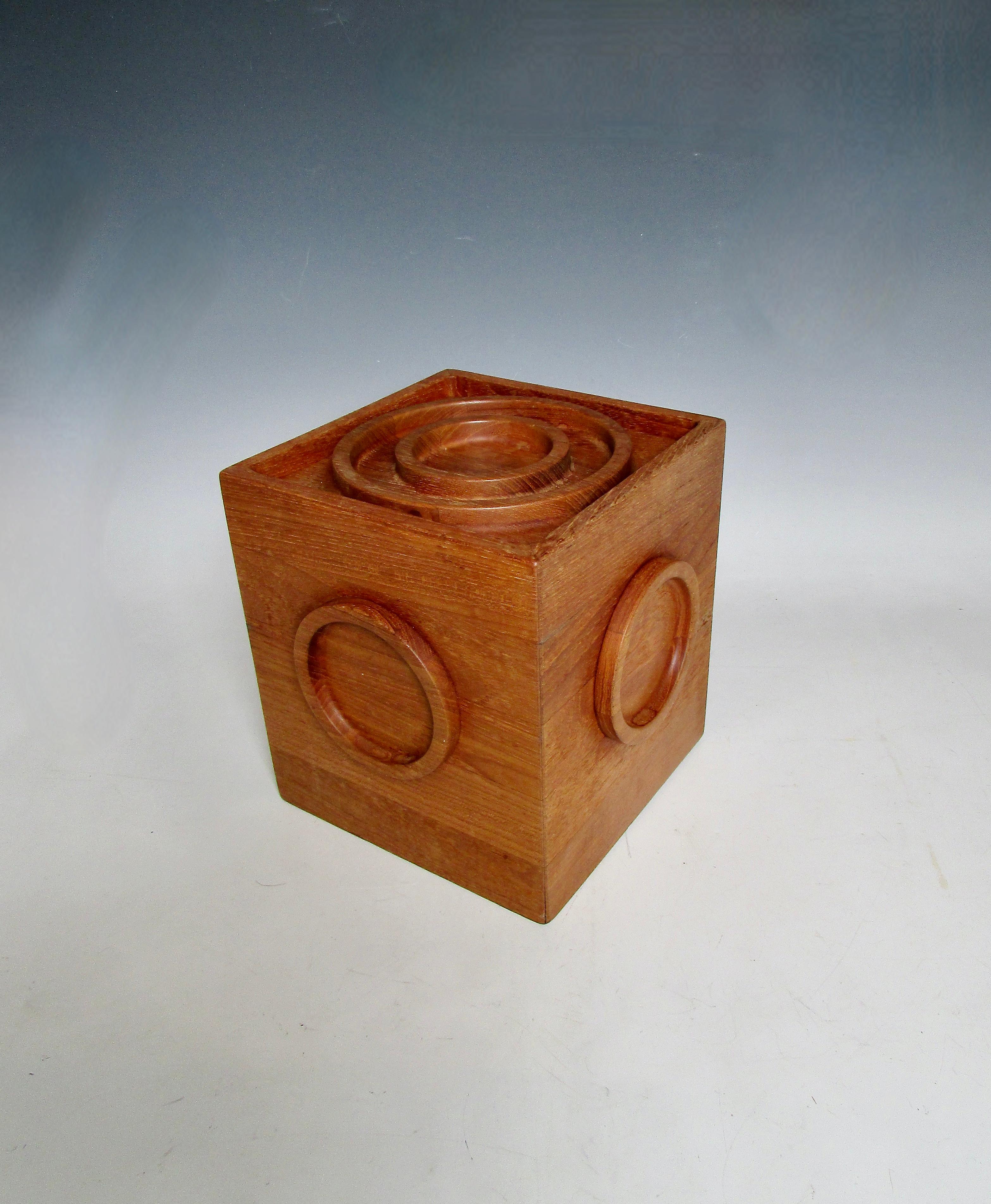 Square lidded Danish Teak ice bucket . Designed by Jens Quistgaard JHQ for Dansk Designs . Clean original stamped Dansk International Designs LTD JHQ Denmark . 