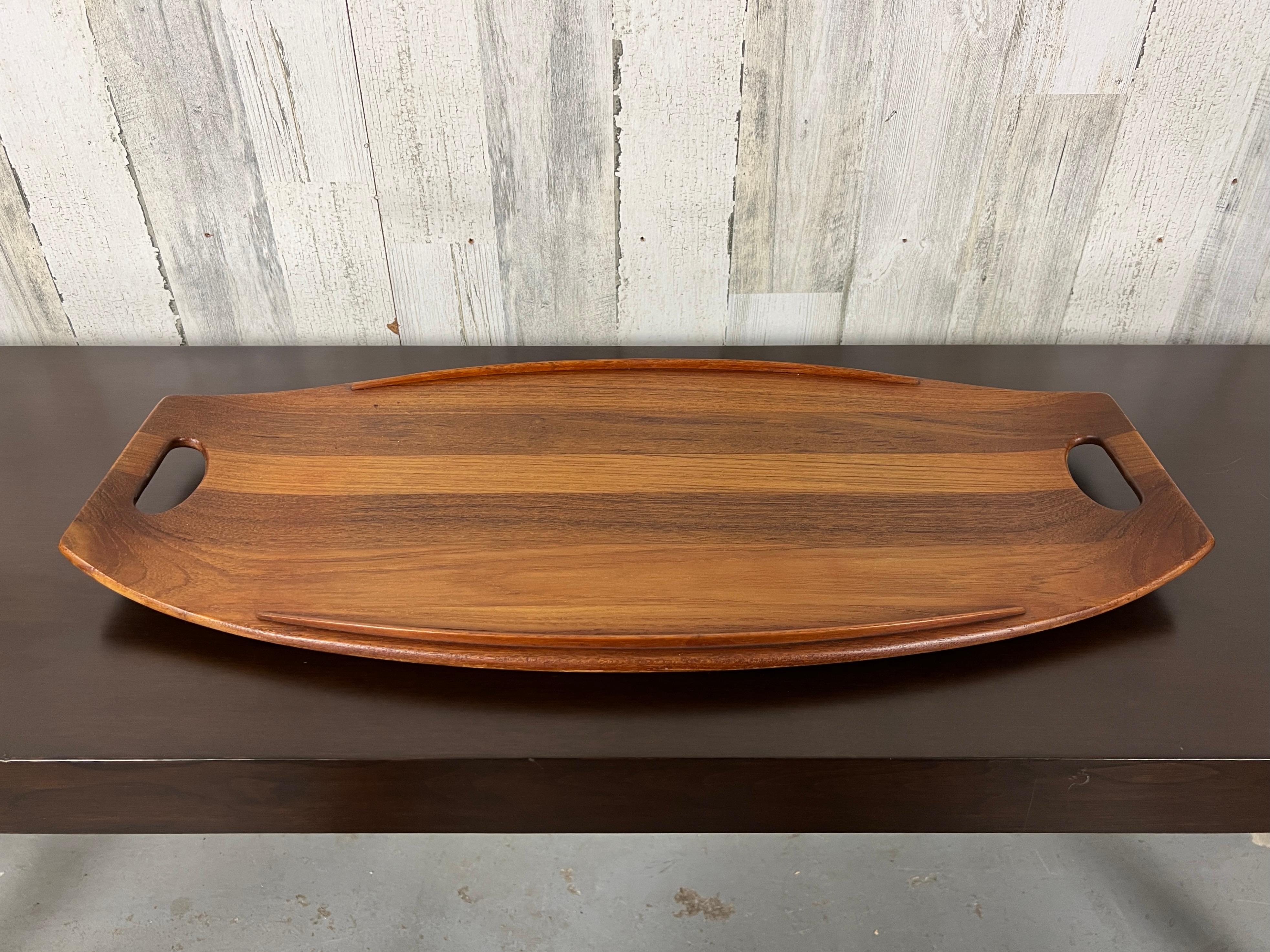 Solid teak footed bentwood tray. Large early Stamp Jens Quistgaard for Dansk Staved teak serving tray.