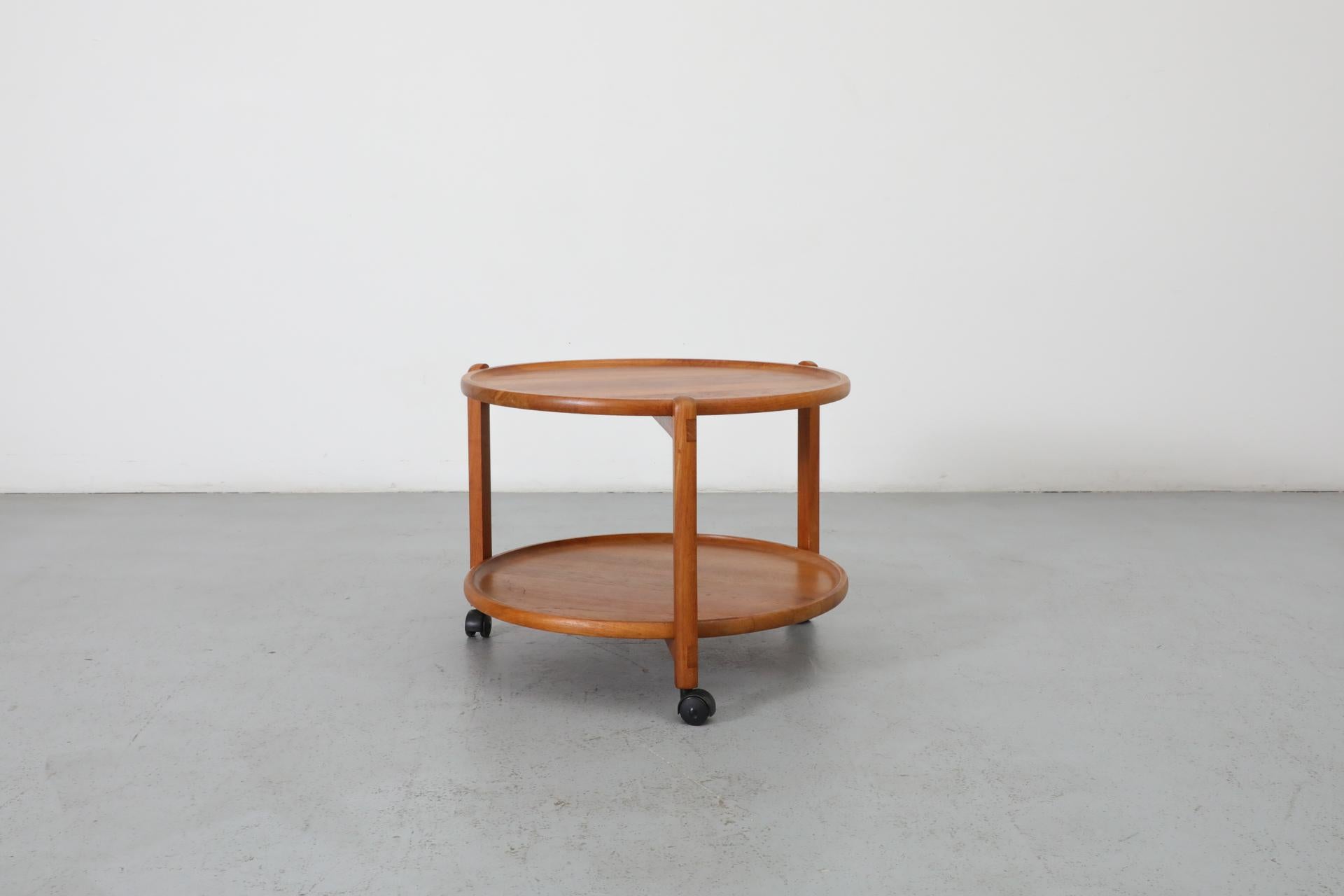 Jens Quistgaard Inspired Mid-Century 2 Tiered Danish Teak Rolling Bar Cart In Good Condition For Sale In Los Angeles, CA