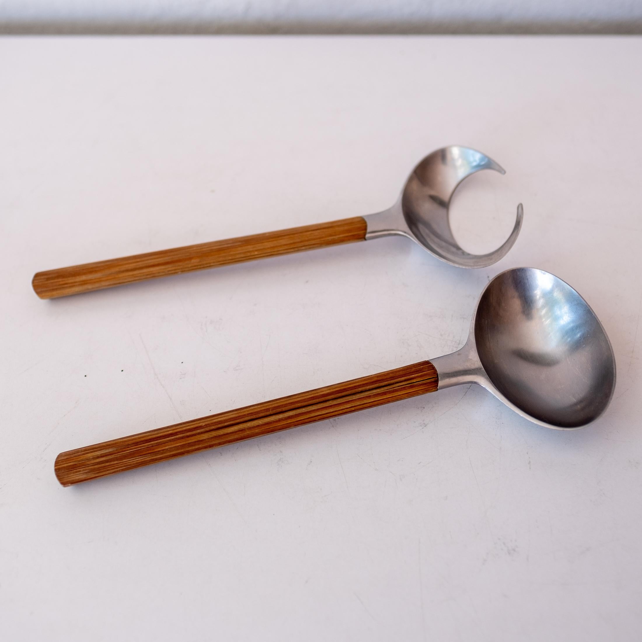 Hard to find set of Jens Quistgaard for Dansk Toke bamboo and stainless steel serving pieces. Signed. 1960s