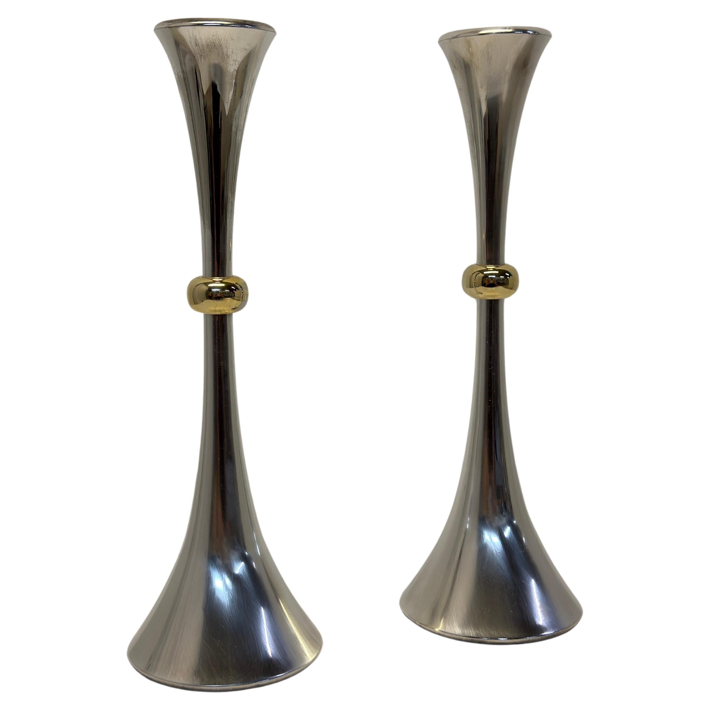 Jens Quistgaard Silver and Brass Candlestick Holders by Dansk - A Pair