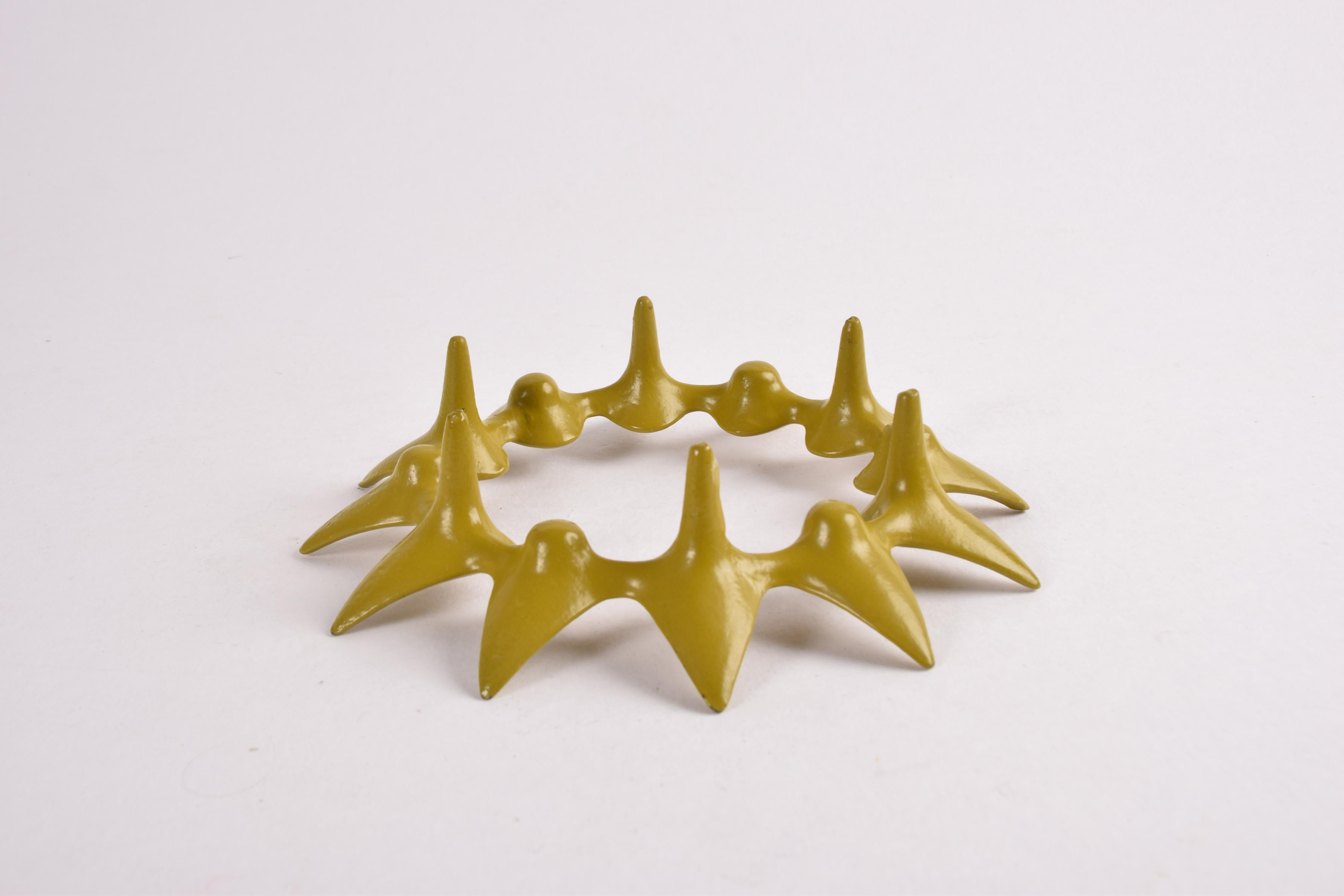 Cast Jens Quistgaard Star Shaped Candle Holder Yellow Green Iron, Danish Modern 1960s For Sale