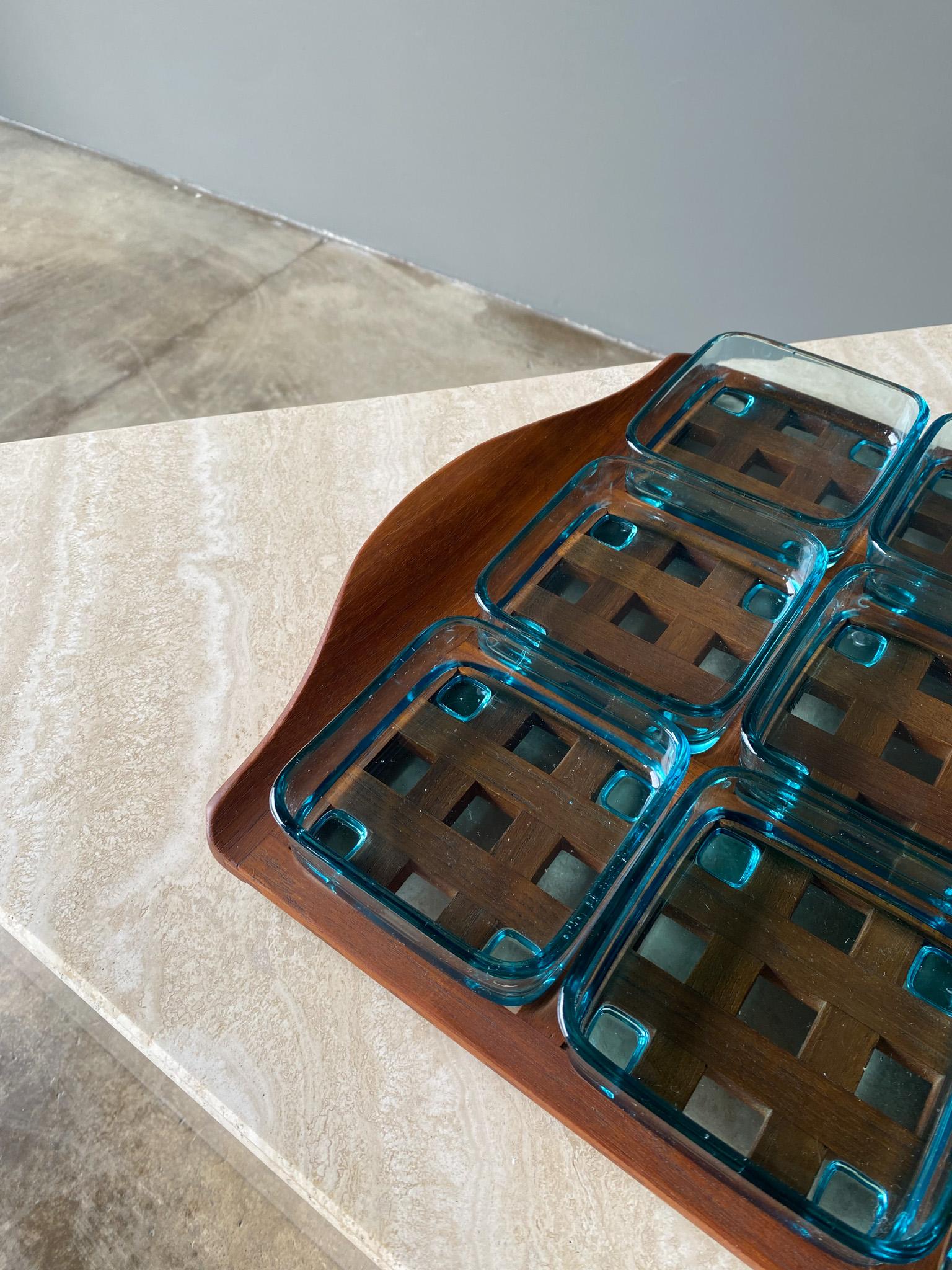 Jens Quistgaard Teak Lattice Tray W/ Glass Inserts Dansk, Denmark, 1960s 3