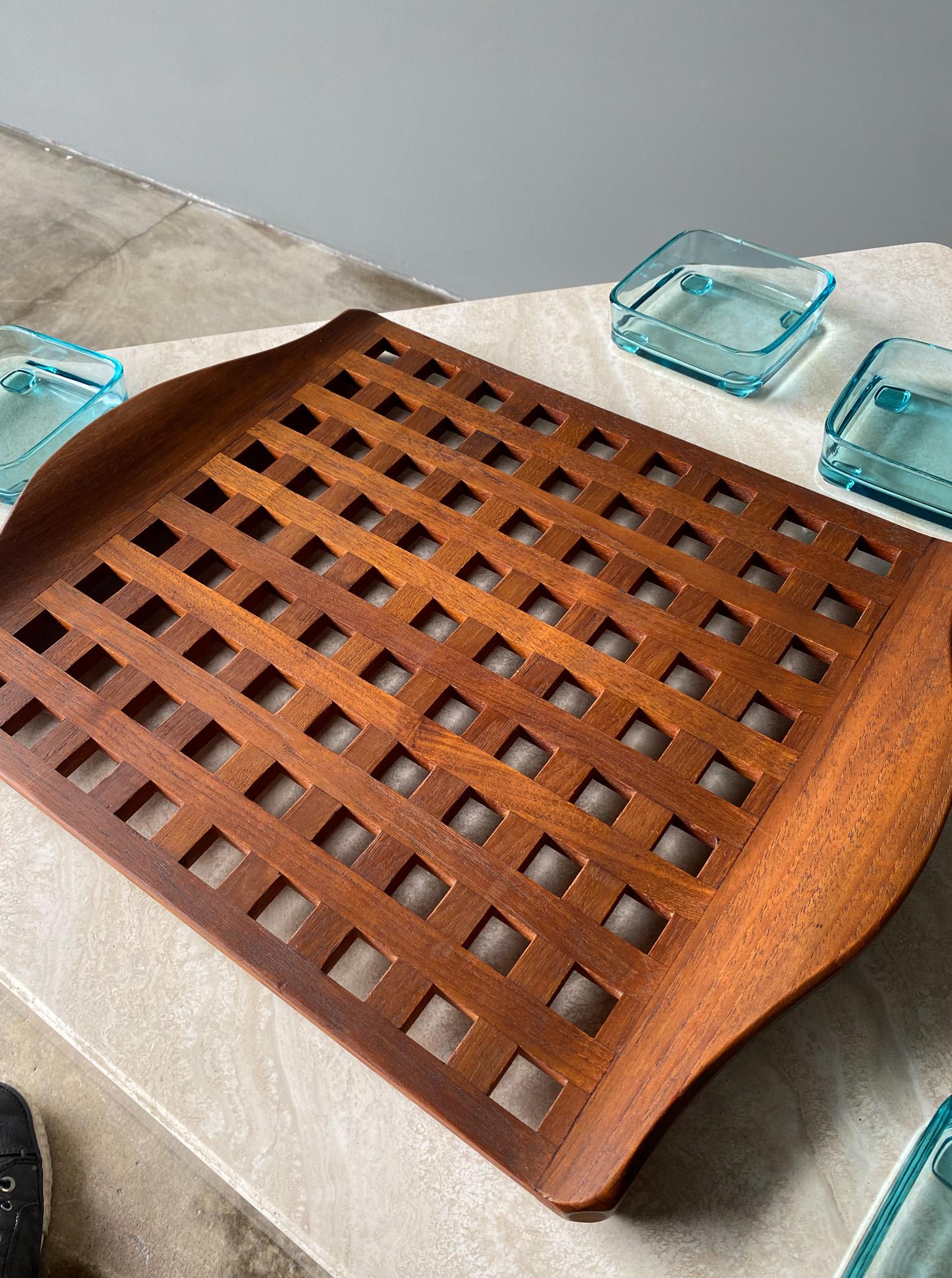 Jens Quistgaard Teak Lattice Tray W/ Glass Inserts Dansk, Denmark, 1960s 4