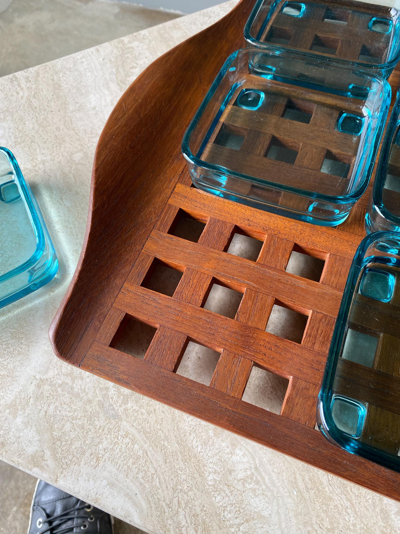 Jens Quistgaard Teak Lattice Tray W/ Glass Inserts Dansk, Denmark, 1960s 10
