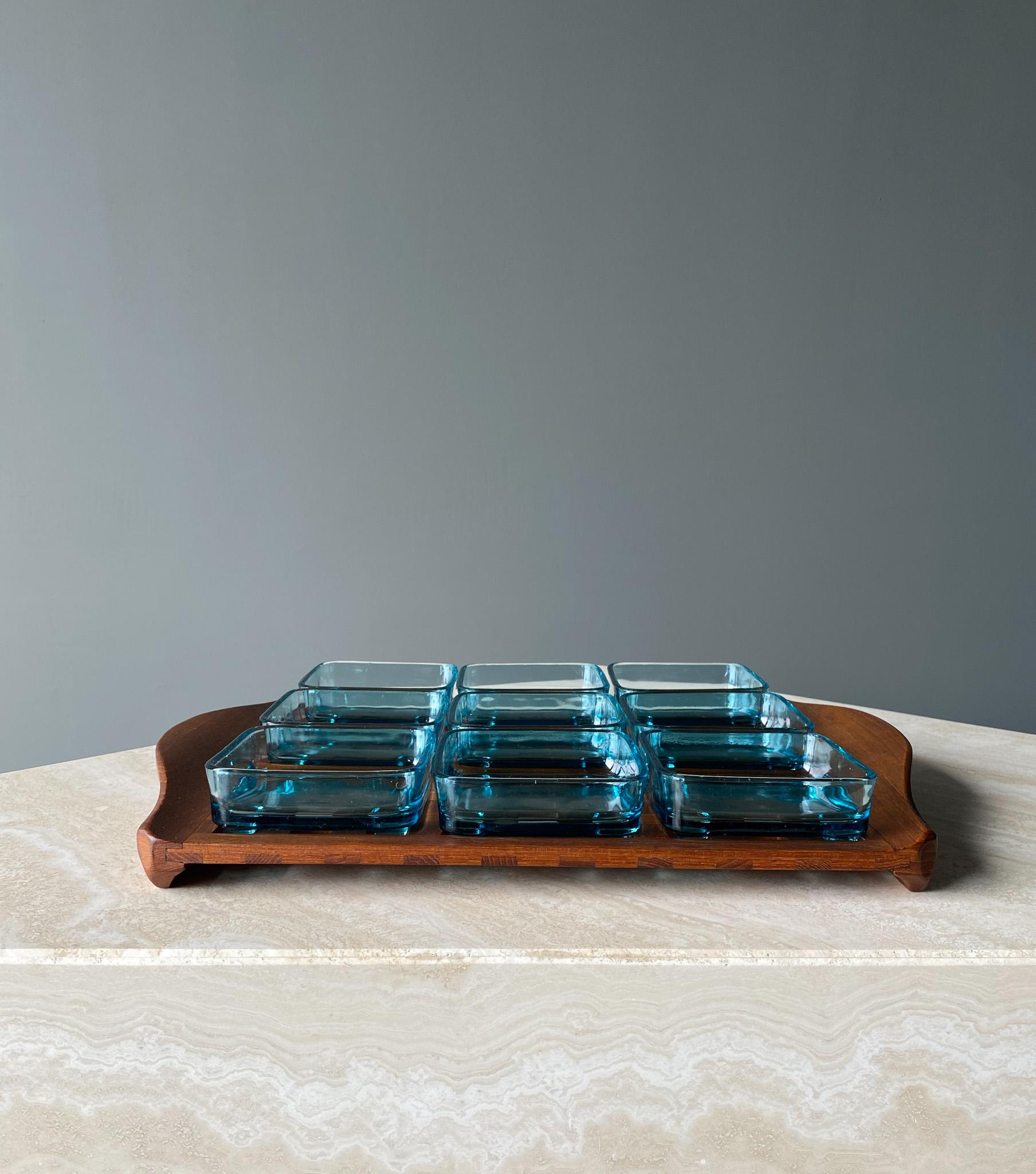 Jens Quistgaard Teak Lattice Tray w/ Glass Inserts Dansk, Denmark, 1960s. 

Dimensions for the individual glass inserts are 4 1/4'' wide by 4 1/4'' deep by 1 3/8'' tall.