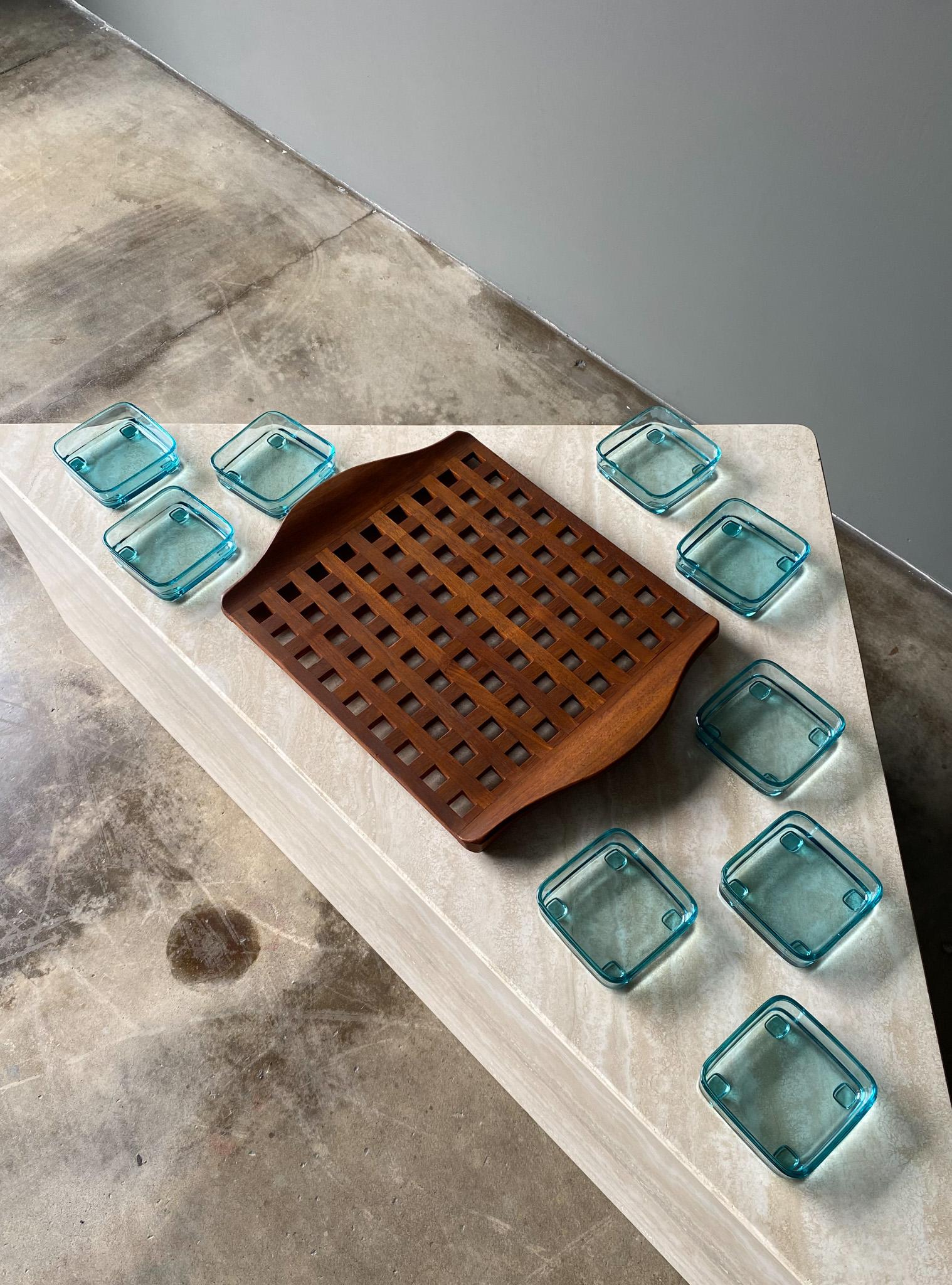Scandinavian Modern Jens Quistgaard Teak Lattice Tray W/ Glass Inserts Dansk, Denmark, 1960s