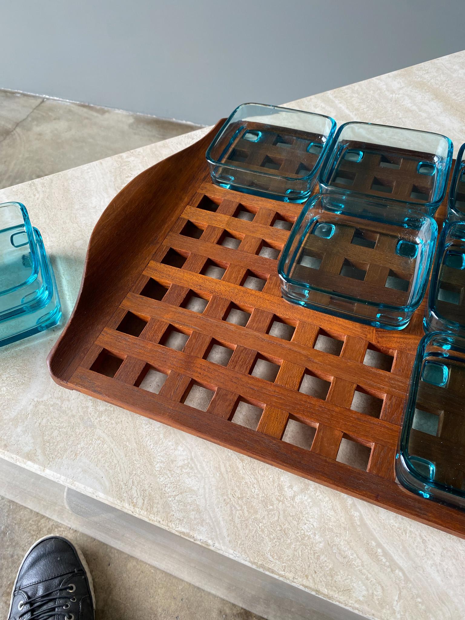Jens Quistgaard Teak Lattice Tray W/ Glass Inserts Dansk, Denmark, 1960s 1