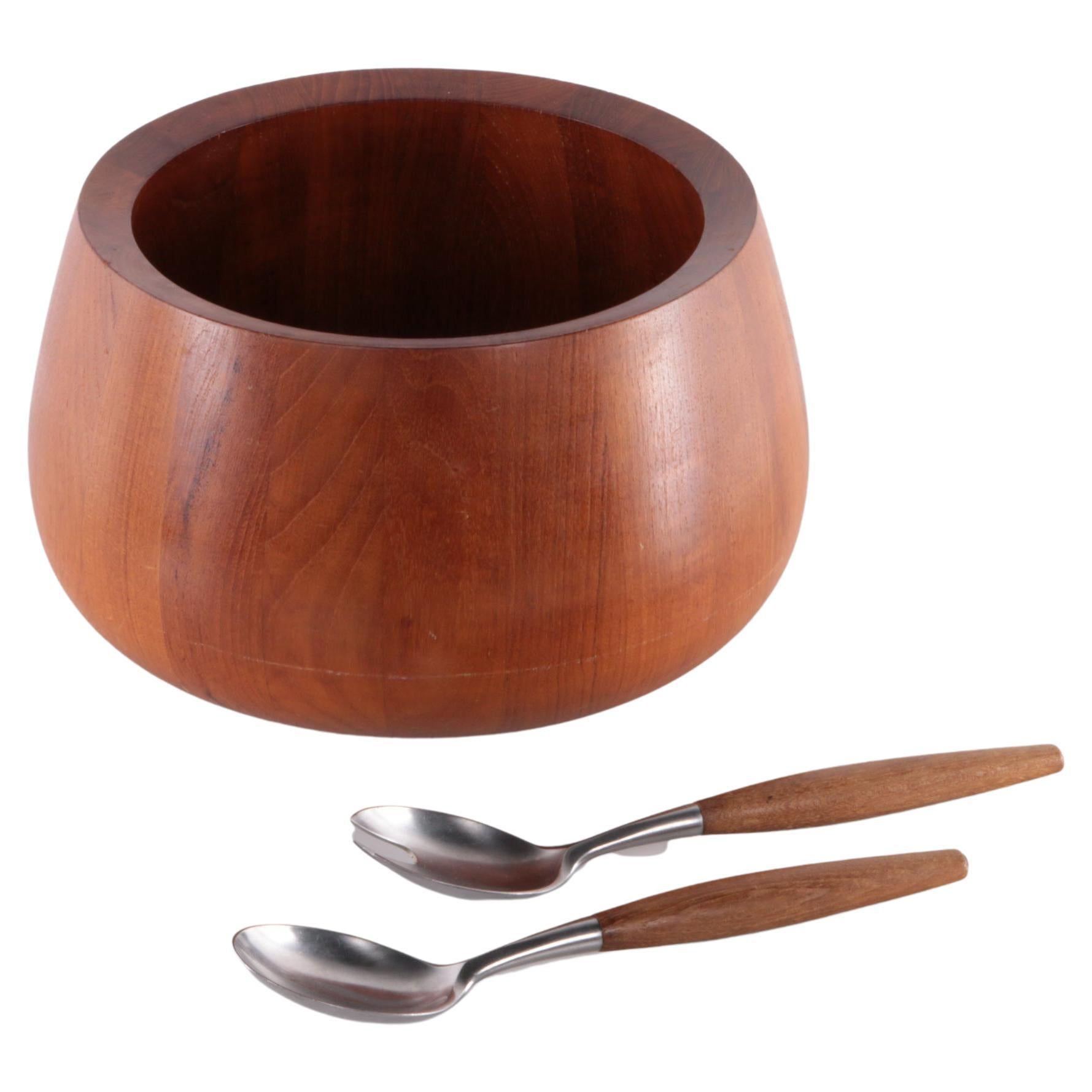 Jens Quistgaard Teak Wooden Bowl with Salad Cutlery by Dansk Design