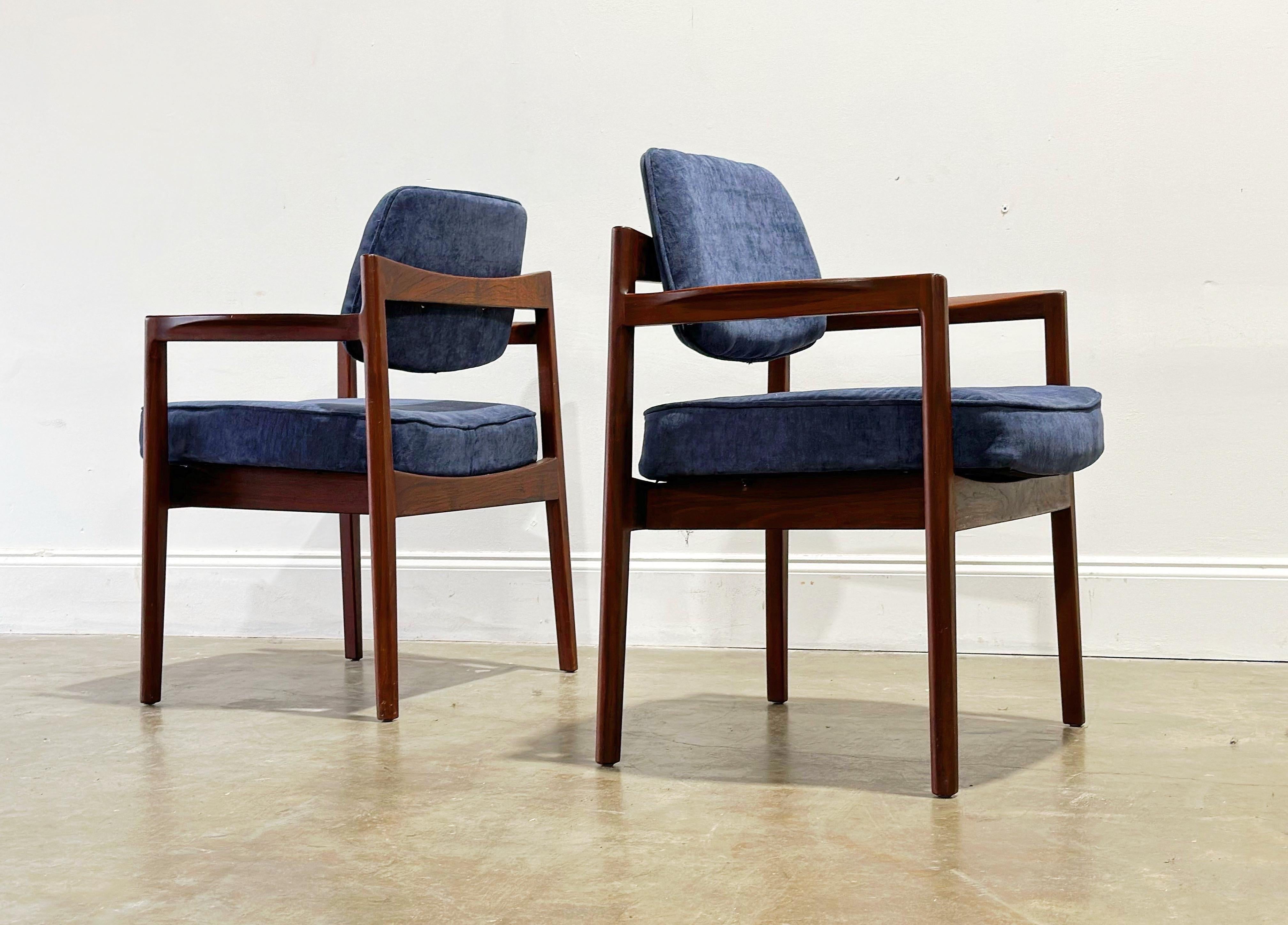 Jens Risom Arm Chairs, Midcentury Walnut + Blue Velvet Dining Chairs, a Pair 5