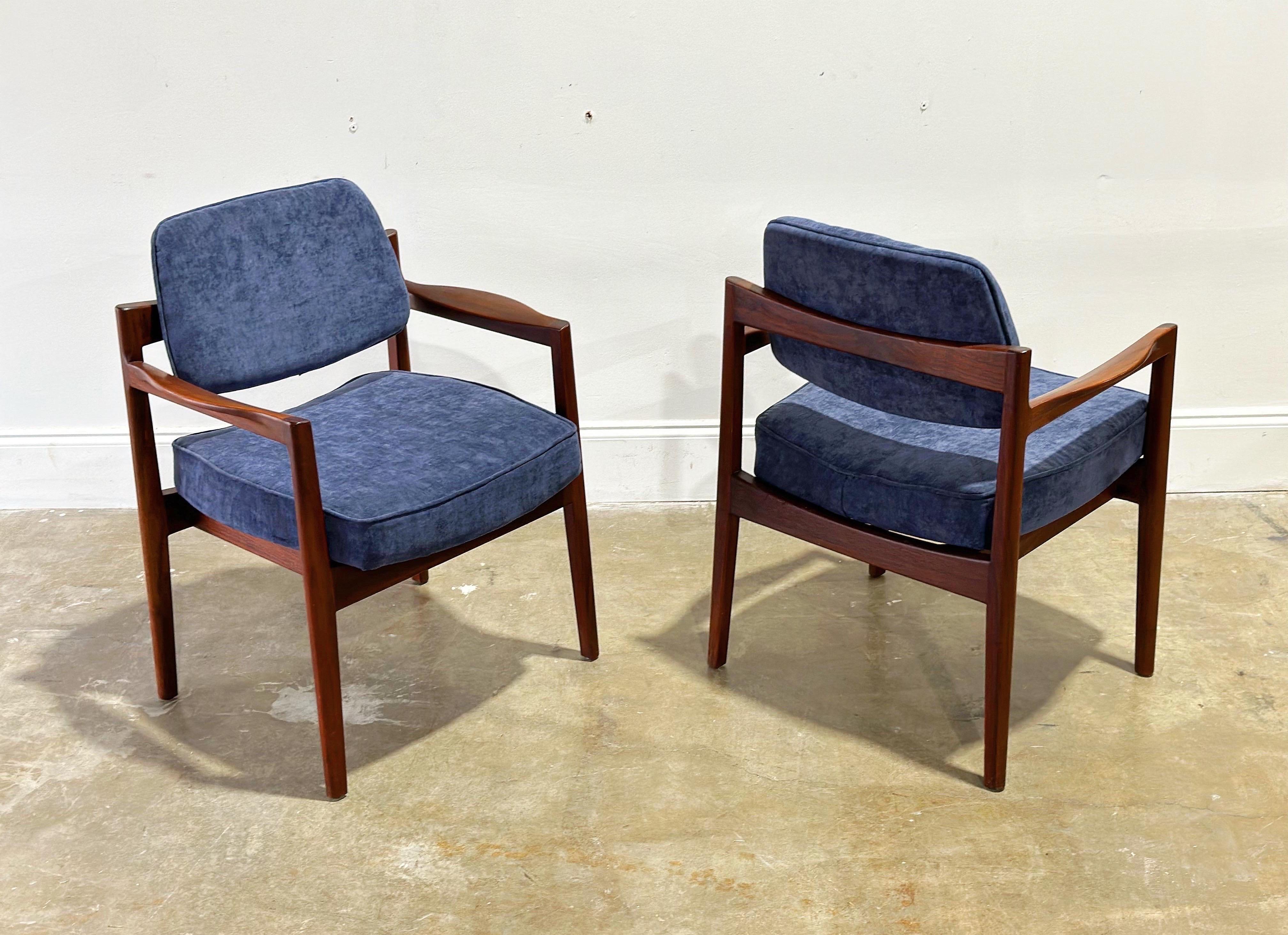 Jens Risom Arm Chairs, Midcentury Walnut + Blue Velvet Dining Chairs, a Pair 7