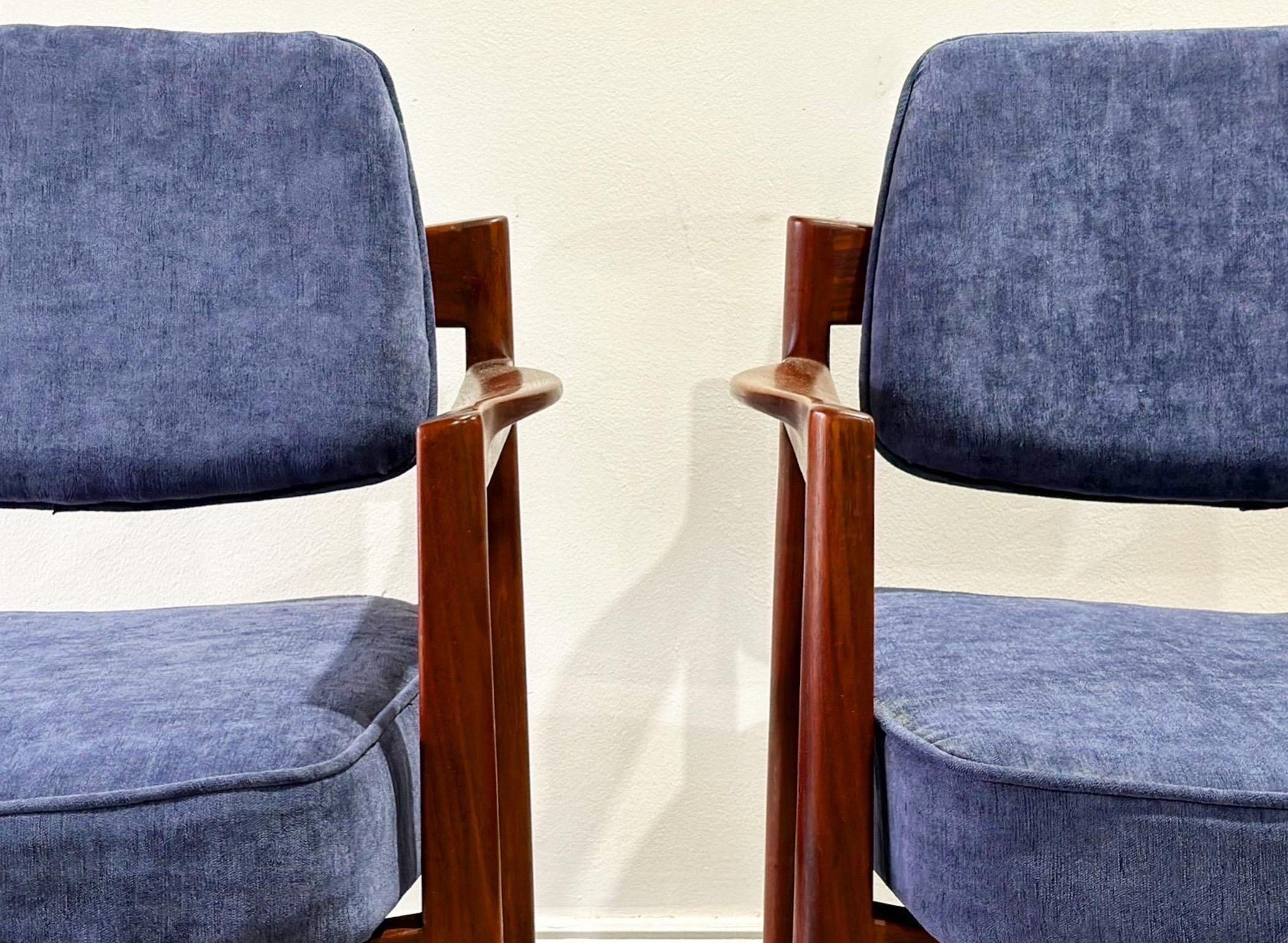 Mid-Century Modern Jens Risom Arm Chairs, Midcentury Walnut + Blue Velvet Dining Chairs, a Pair