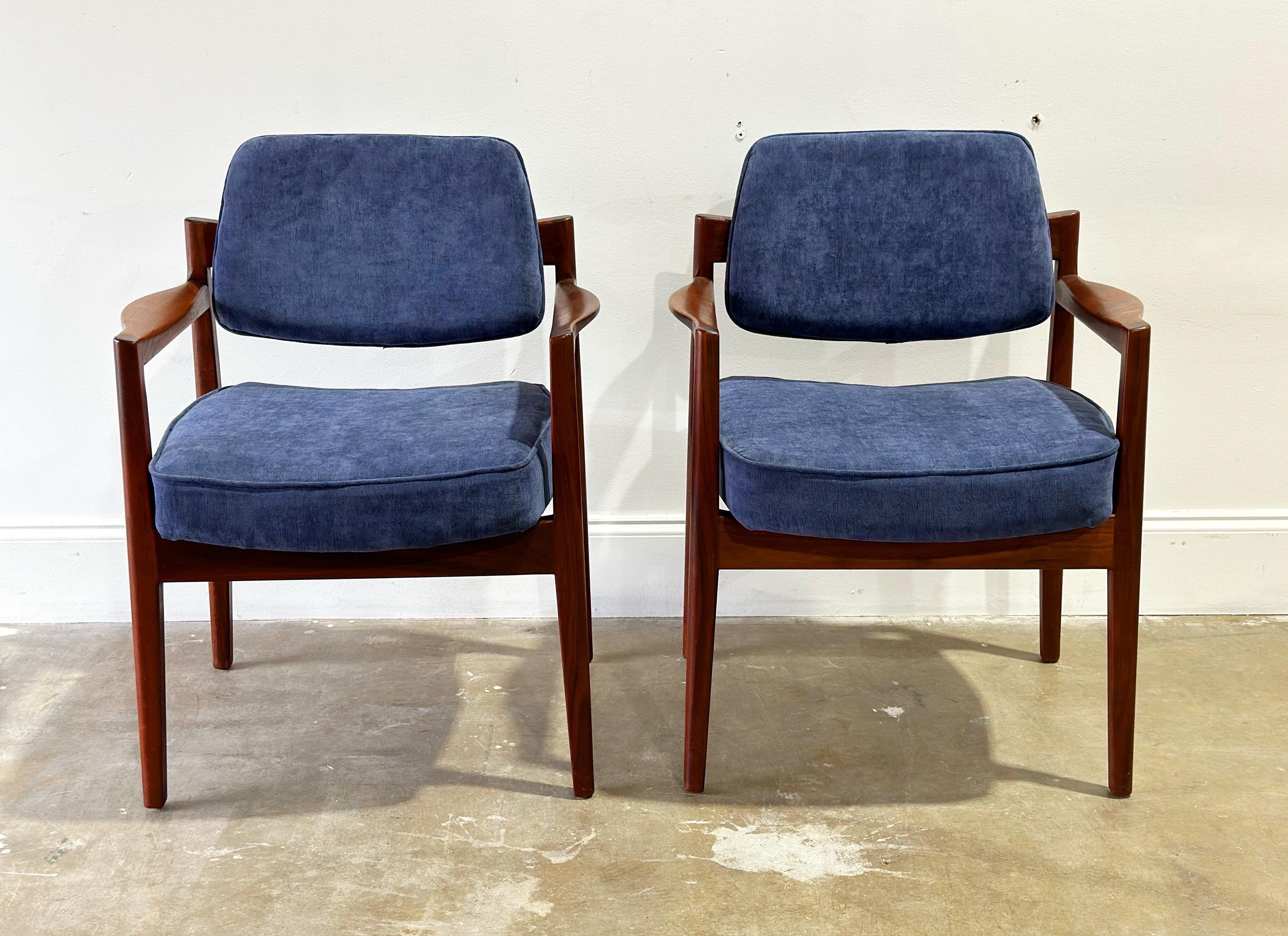 American Jens Risom Arm Chairs, Midcentury Walnut + Blue Velvet Dining Chairs, a Pair