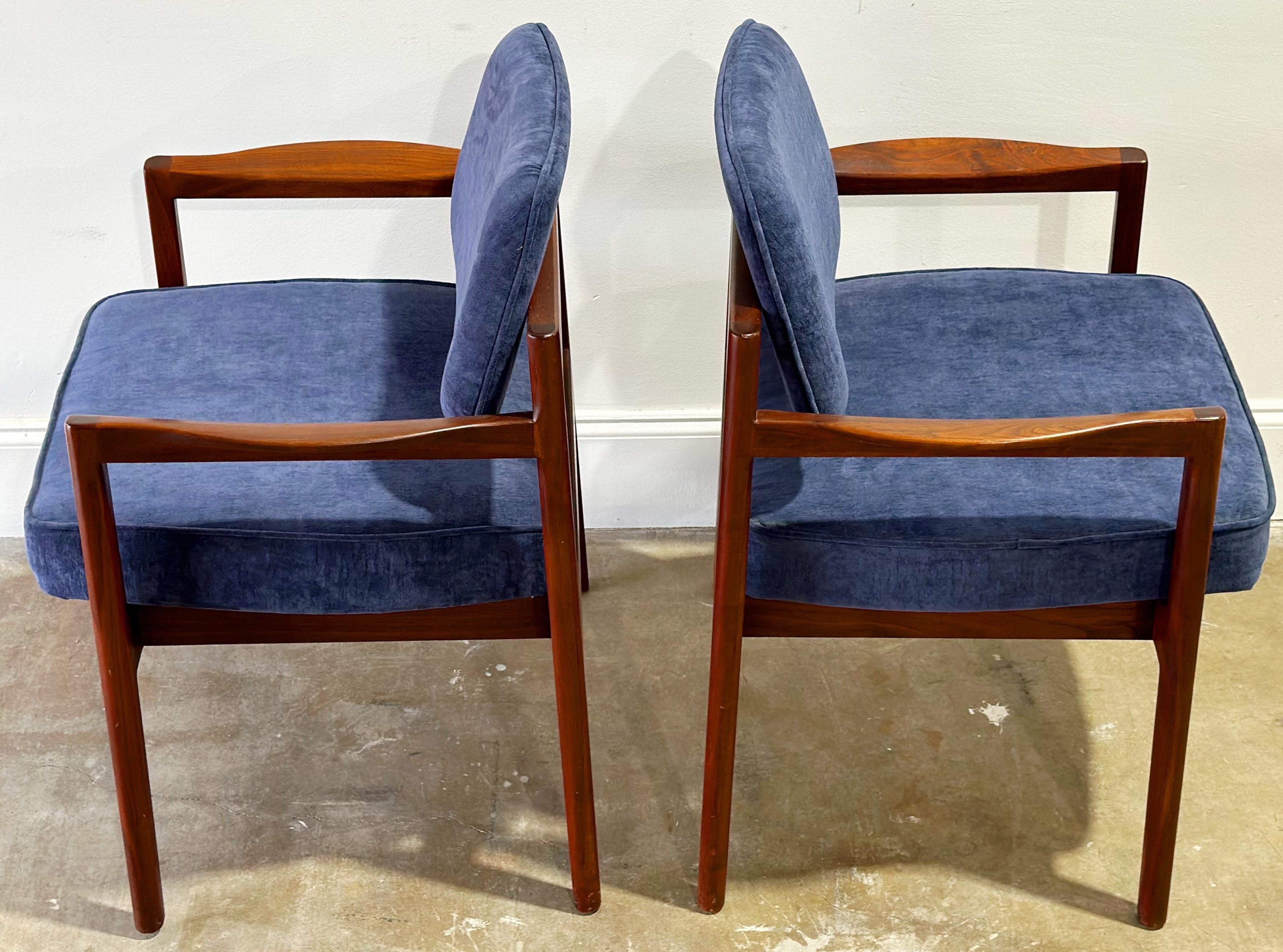 Jens Risom Arm Chairs, Midcentury Walnut + Blue Velvet Dining Chairs, a Pair In Good Condition In Decatur, GA