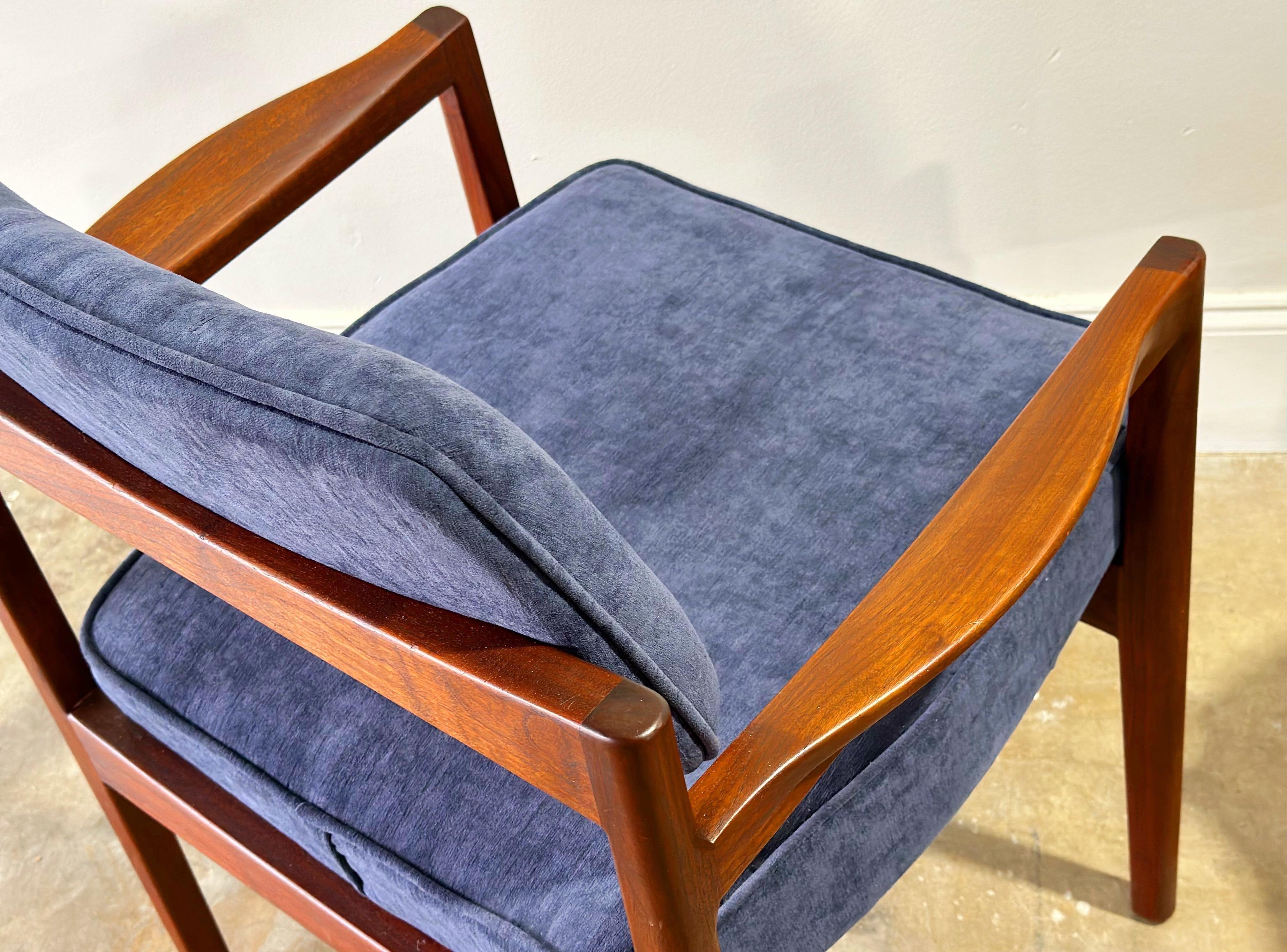 Jens Risom Arm Chairs, Midcentury Walnut + Blue Velvet Dining Chairs, Set of 4 4