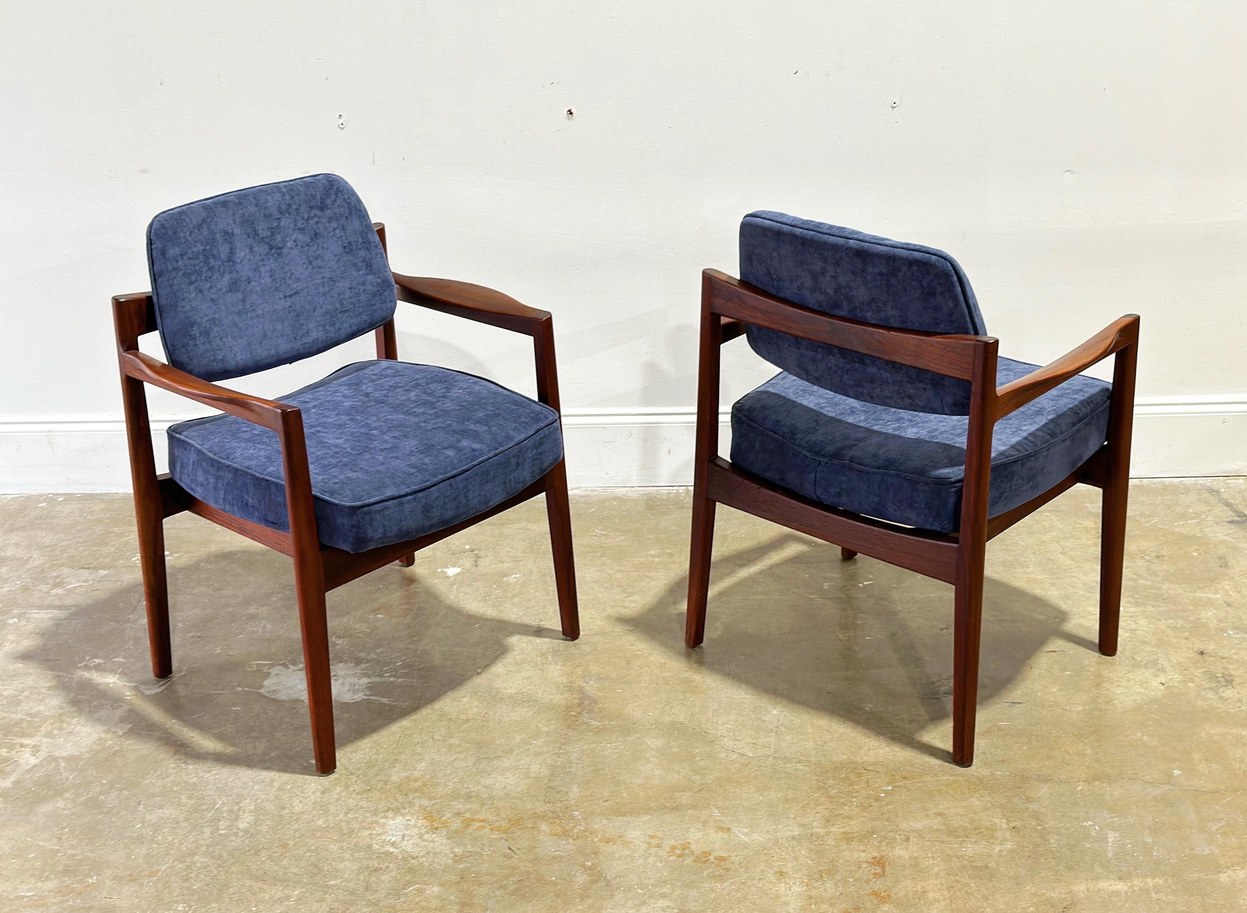 Jens Risom Arm Chairs, Midcentury Walnut + Blue Velvet Dining Chairs, Set of 4 5