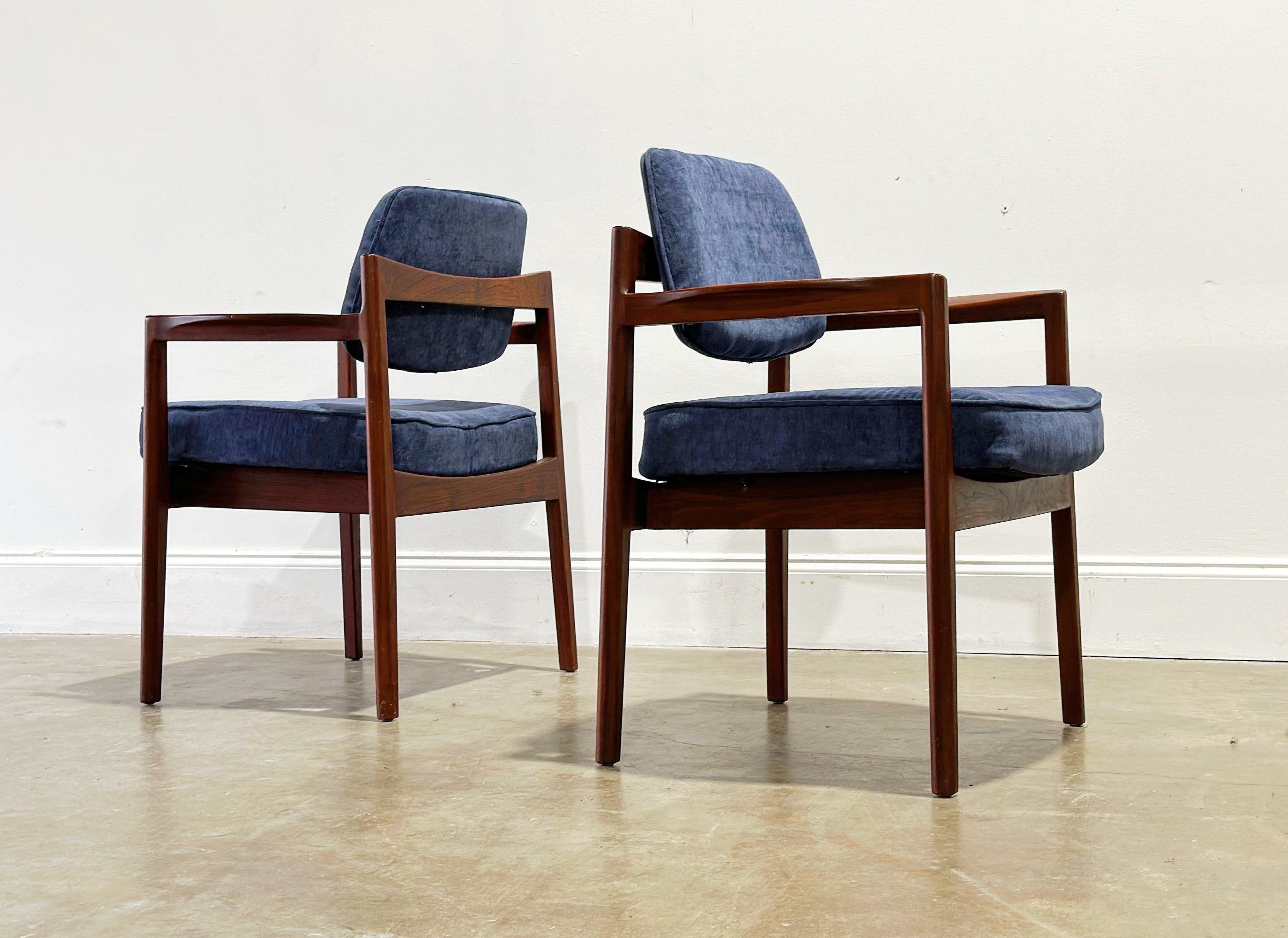 Mid-Century Modern Jens Risom Arm Chairs, Midcentury Walnut + Blue Velvet Dining Chairs, Set of 4