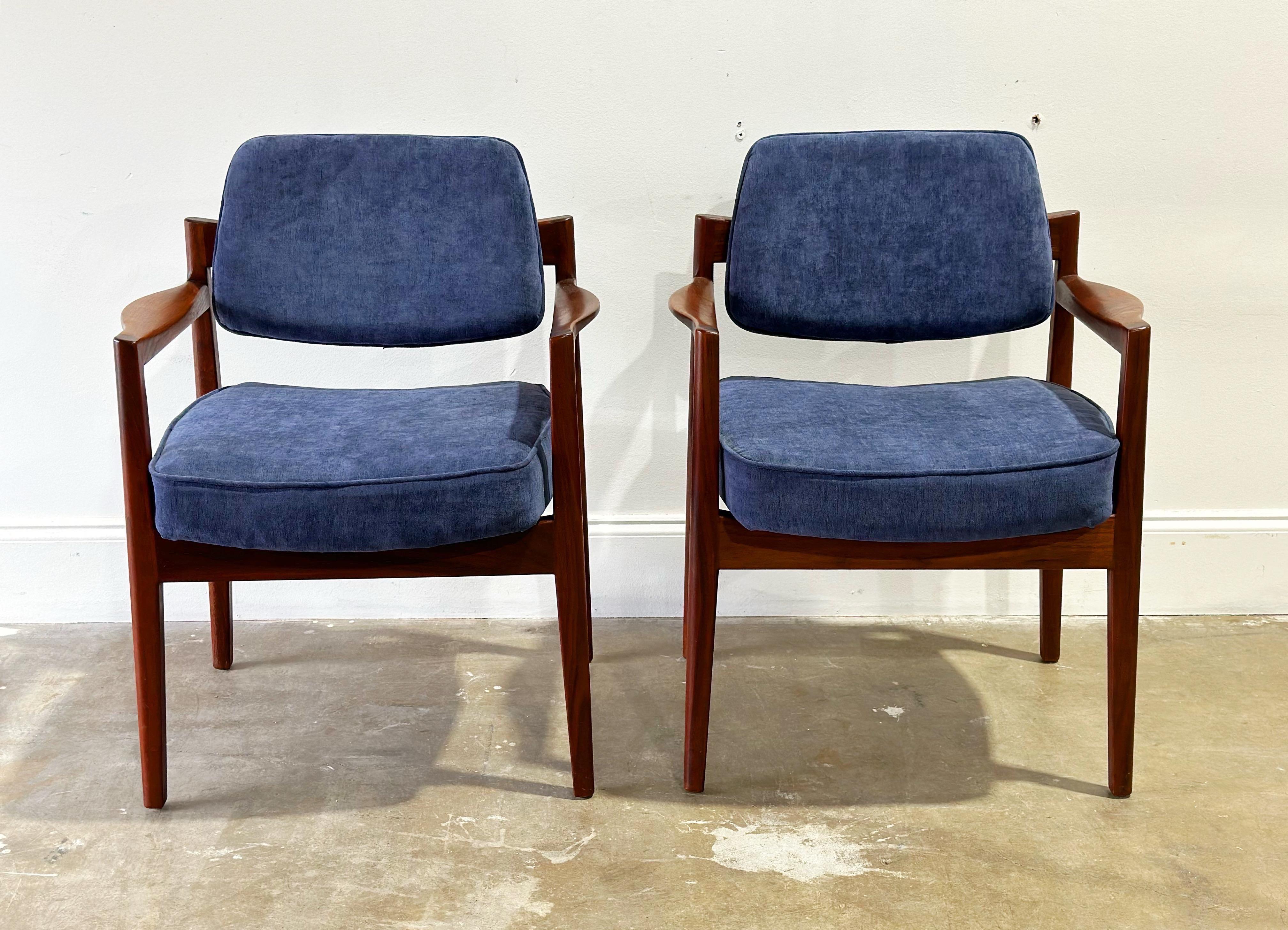 Mid-20th Century Jens Risom Arm Chairs, Midcentury Walnut + Blue Velvet Dining Chairs, Set of 4