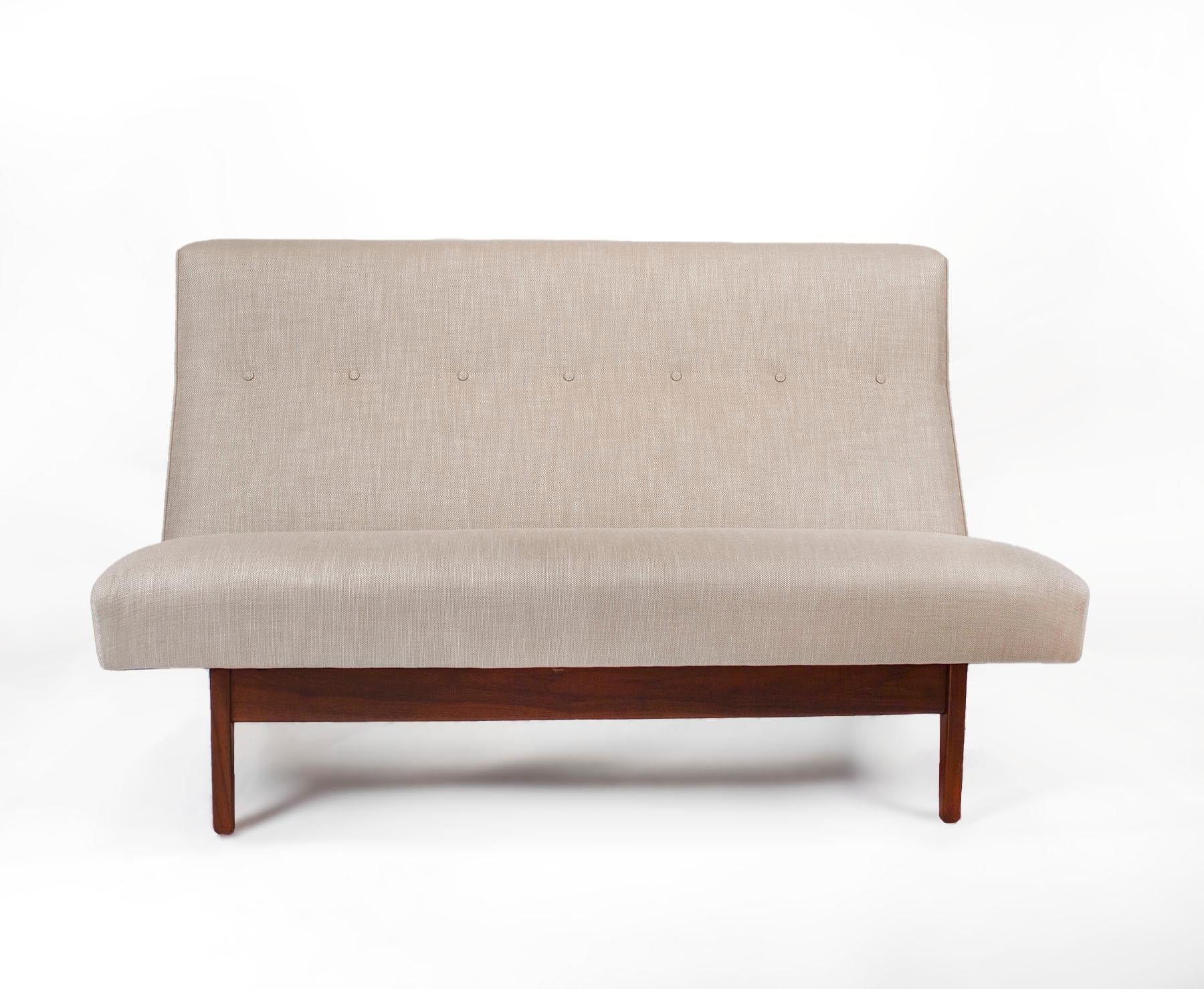 Mid-Century Modern Jens Risom Armless Settee in Walnut Cradle Frames with Linen Upholstery