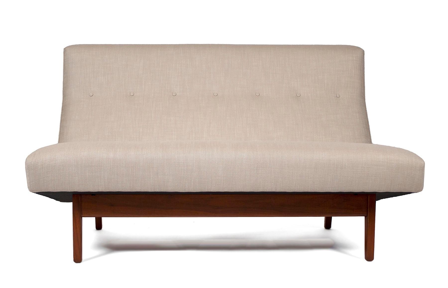 American Jens Risom Armless Settee in Walnut Cradle Frames with Linen Upholstery