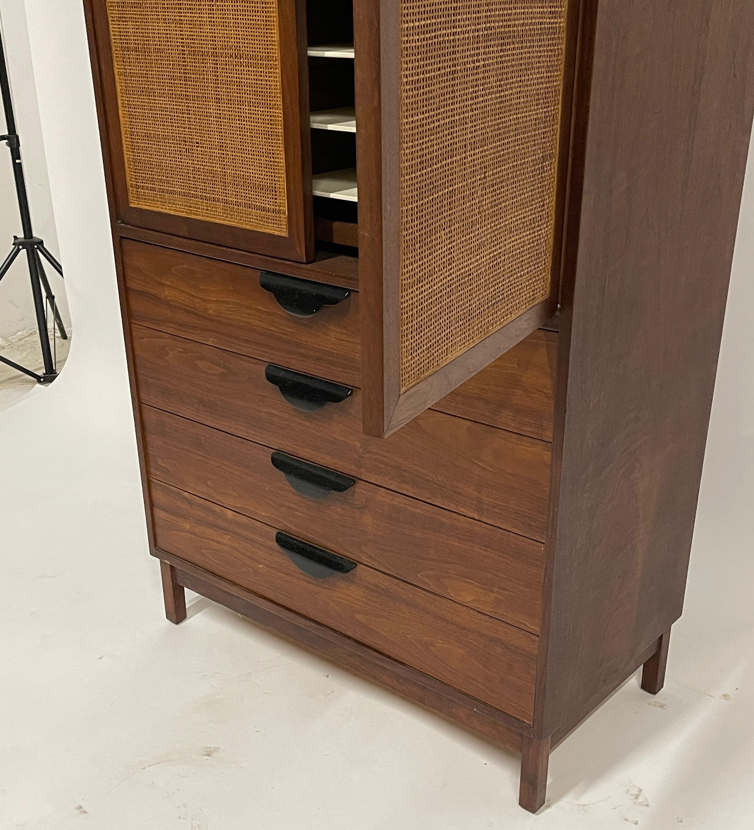 Jens Risom Att. Walnut Cabinet Highboy Dresser with Ebonized Pulls & Cane Doors 5
