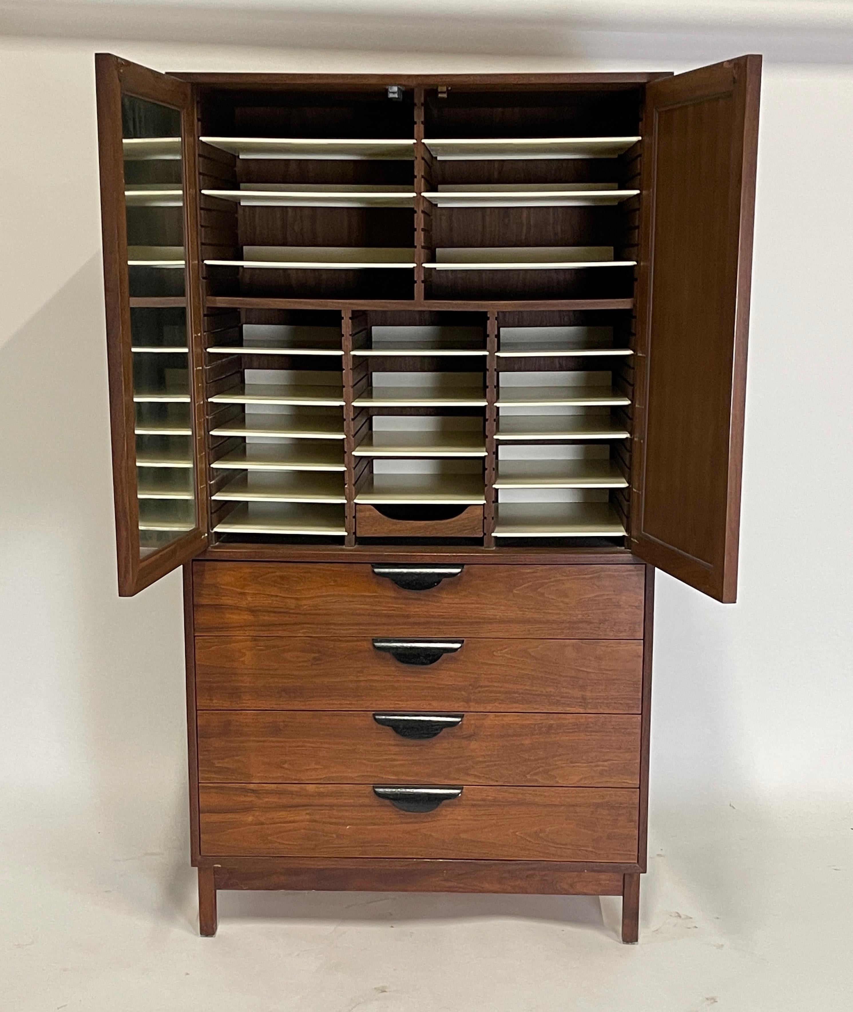 Mid-Century Modern Jens Risom Att. Walnut Cabinet Highboy Dresser with Ebonized Pulls & Cane Doors