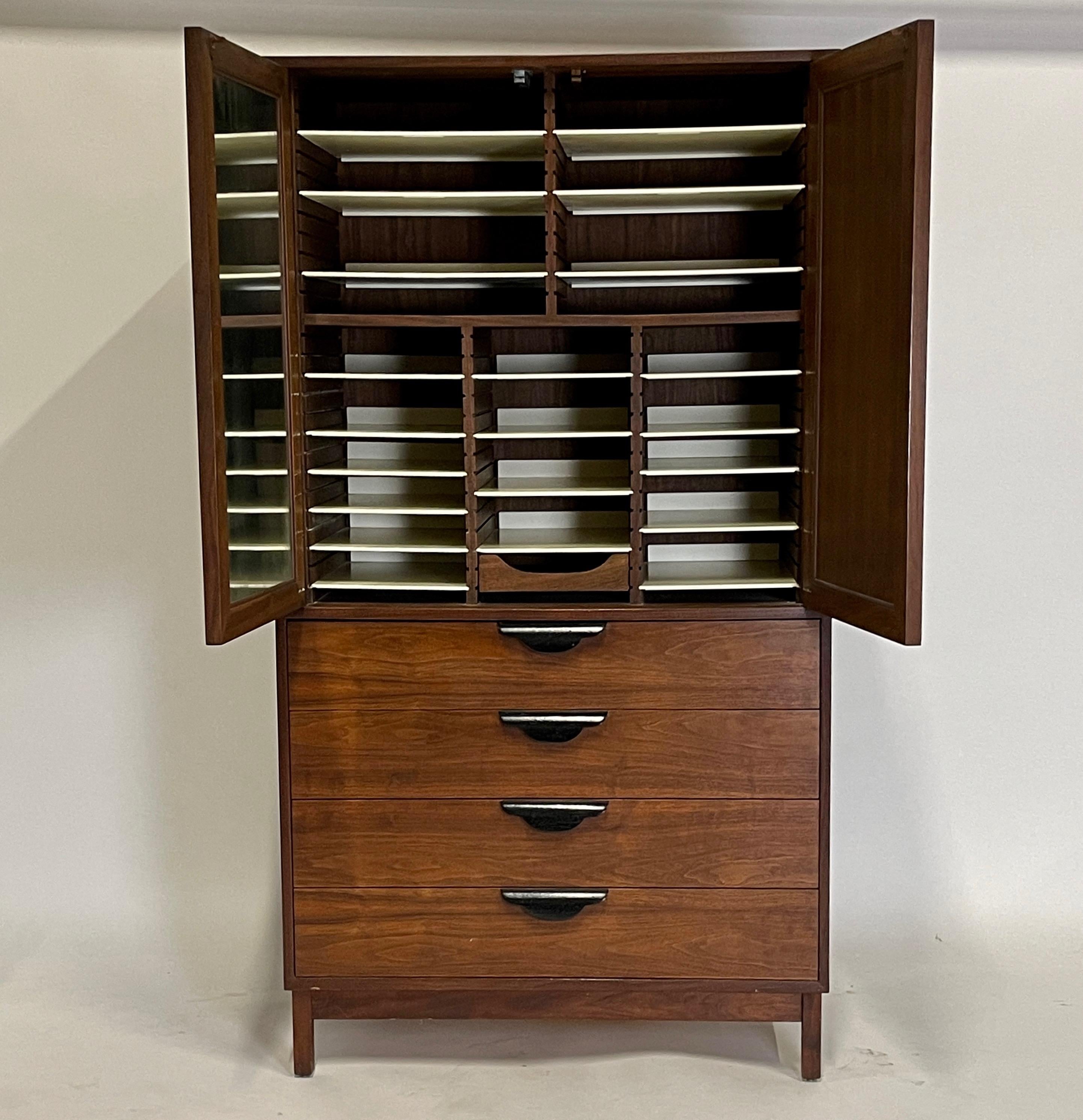 American Jens Risom Att. Walnut Cabinet Highboy Dresser with Ebonized Pulls & Cane Doors