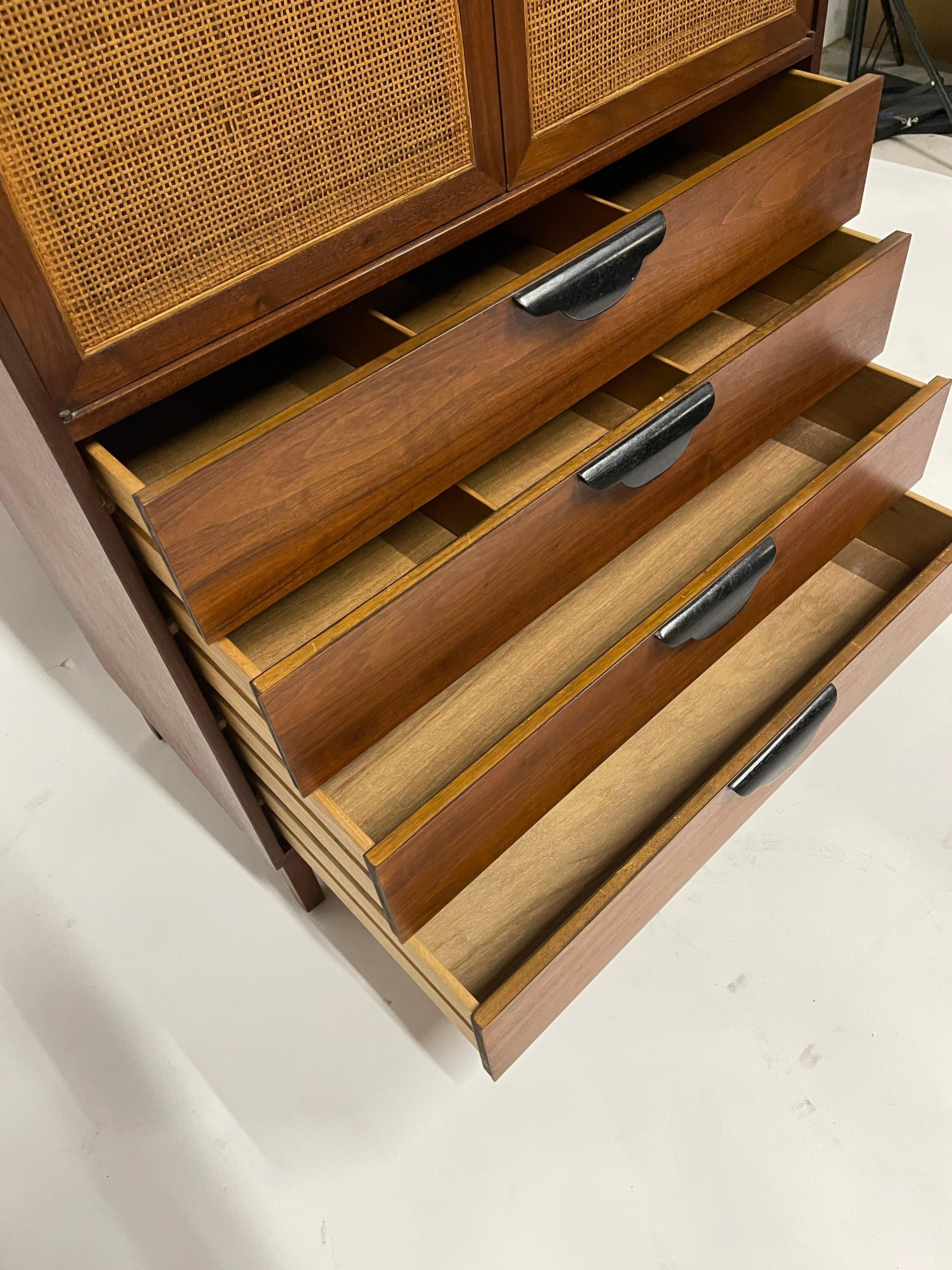 Jens Risom Att. Walnut Cabinet Highboy Dresser with Ebonized Pulls & Cane Doors 2