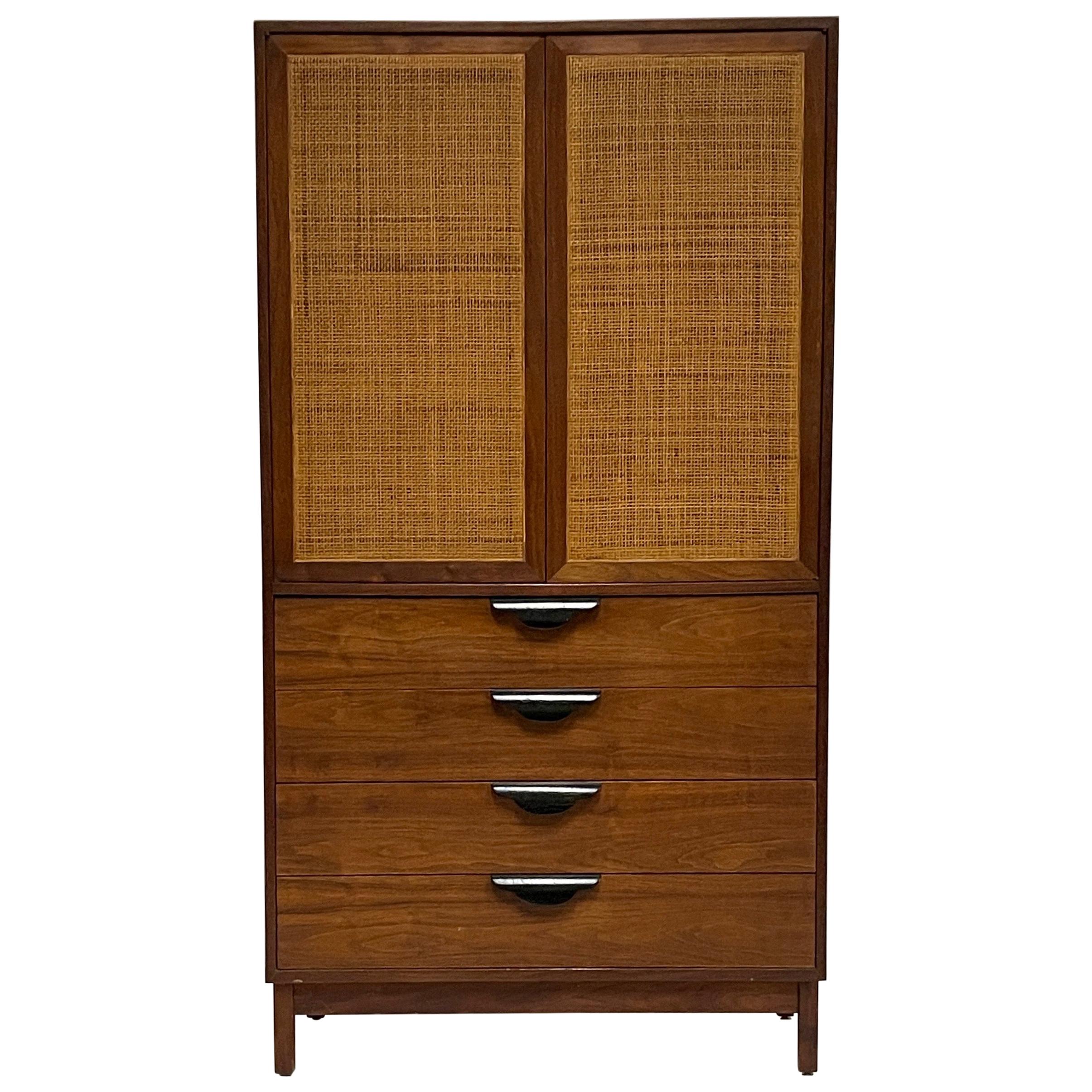 Jens Risom Att. Walnut Cabinet Highboy Dresser with Ebonized Pulls & Cane Doors