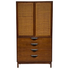 Jens Risom Att. Walnut Cabinet Highboy Dresser with Ebonized Pulls & Cane Doors