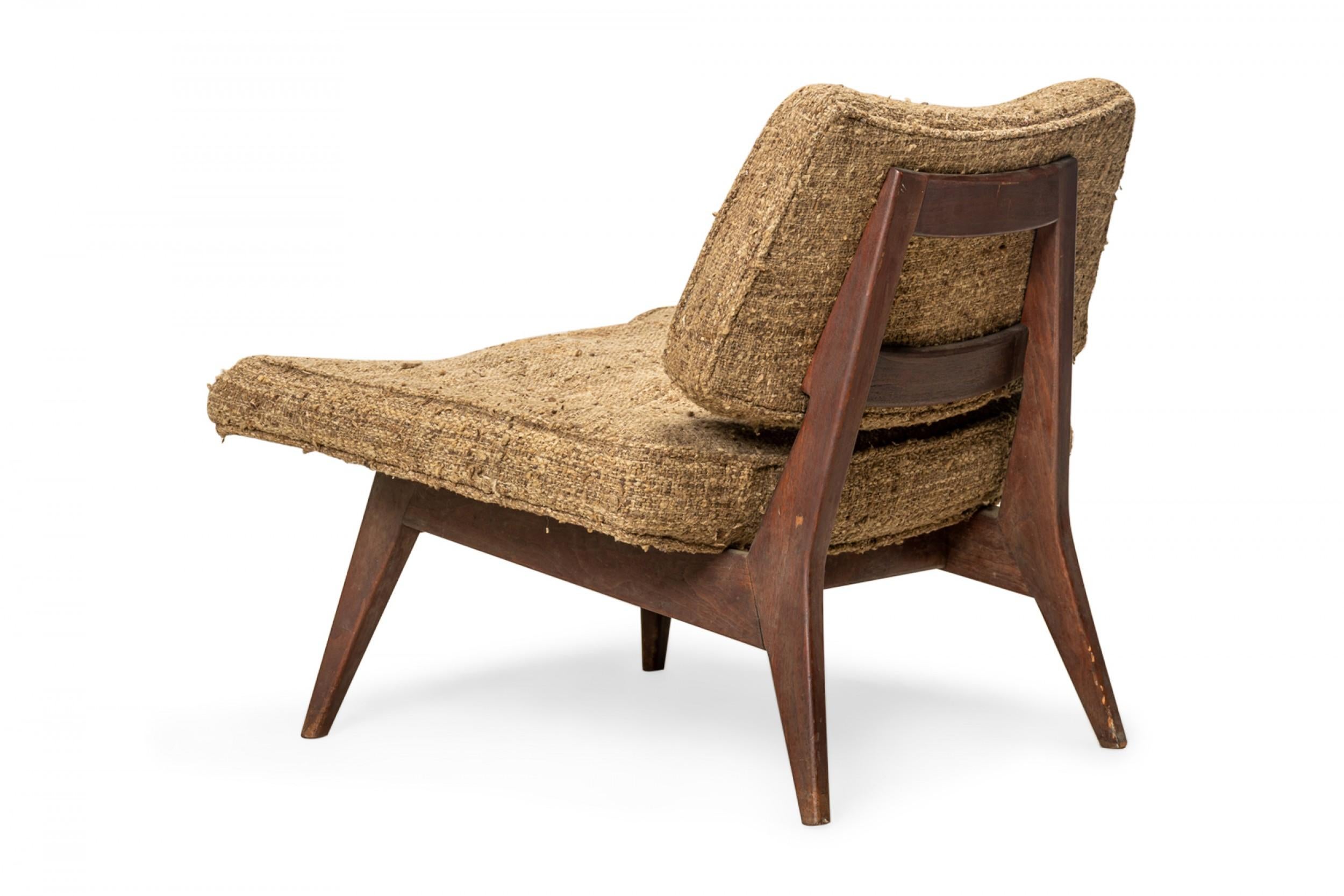 Mid-Century Modern Jens Risom Beige Textured Upholstery and Teak Wide Seat Slipper Chair