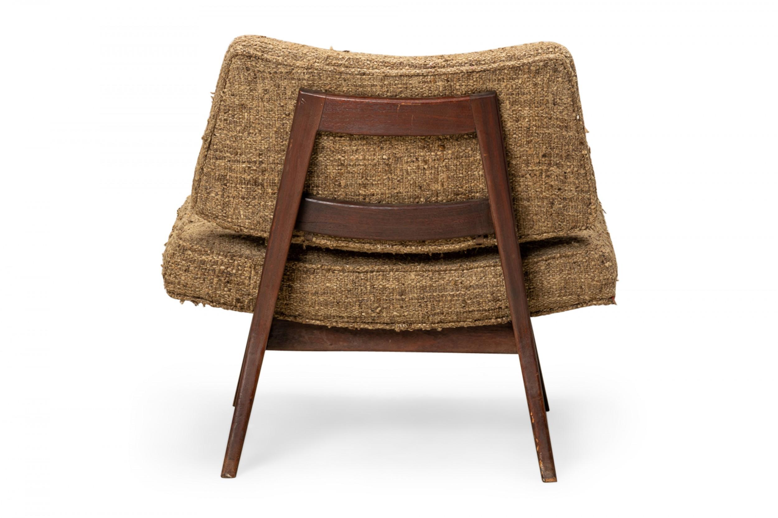 Danish Jens Risom Beige Textured Upholstery and Teak Wide Seat Slipper Chair