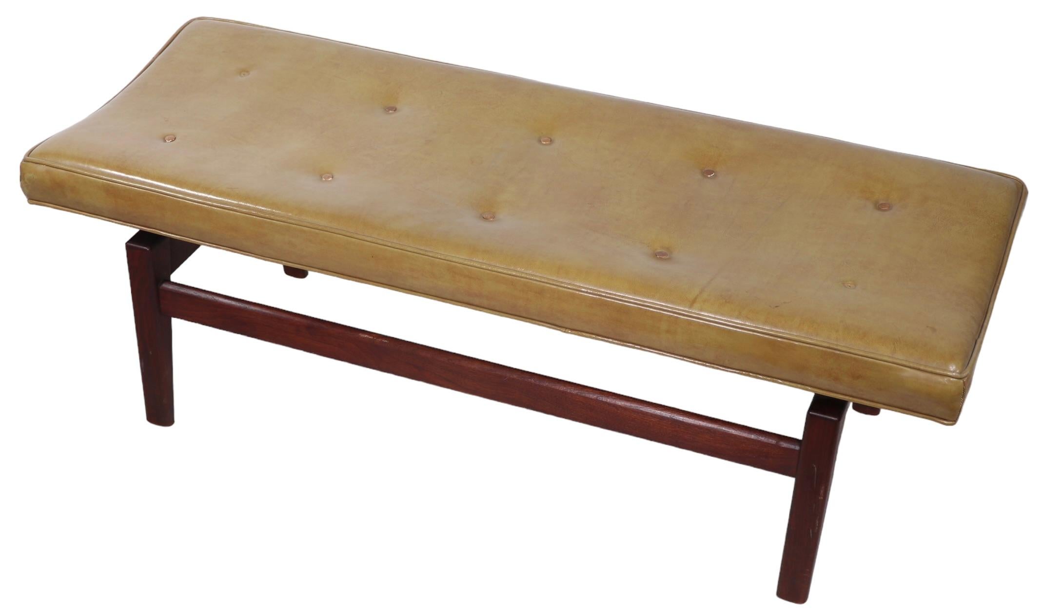   Architectural Mid Century Jens Risom Bench with Walnut Legs and Leather Top  For Sale 3